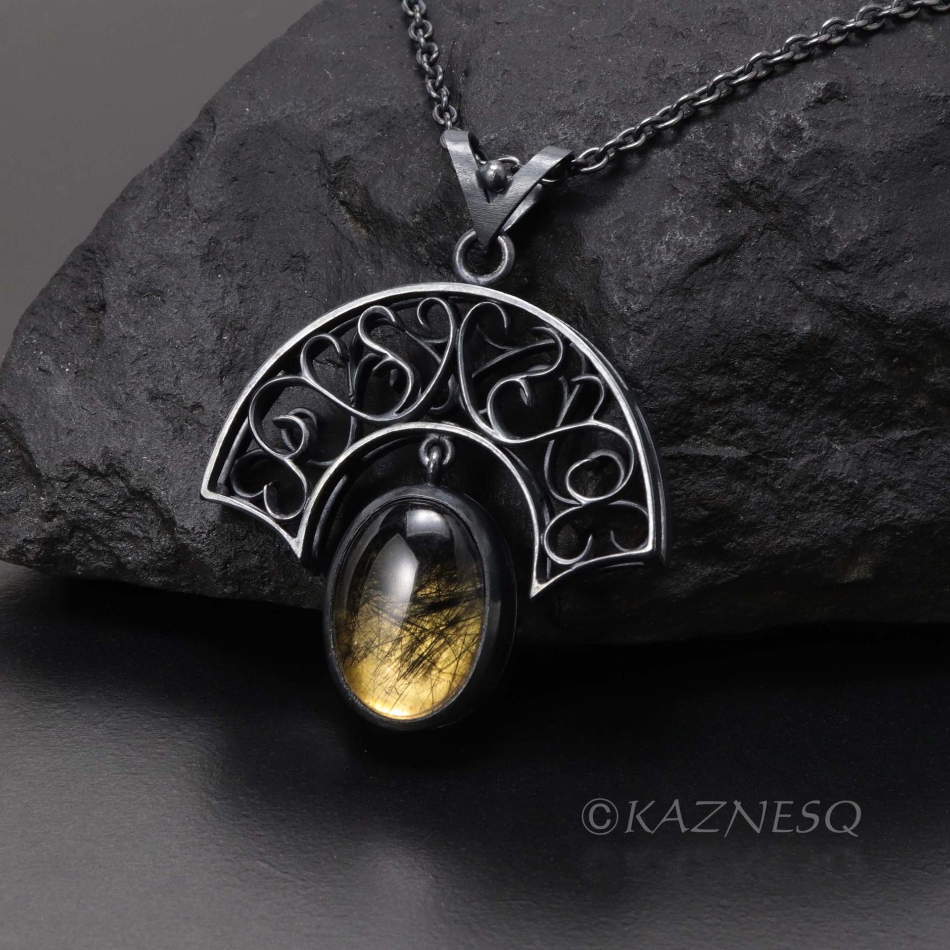 (C) KAZNESQ: Tourmaline quartz Art Nouveau style arch pendant necklace