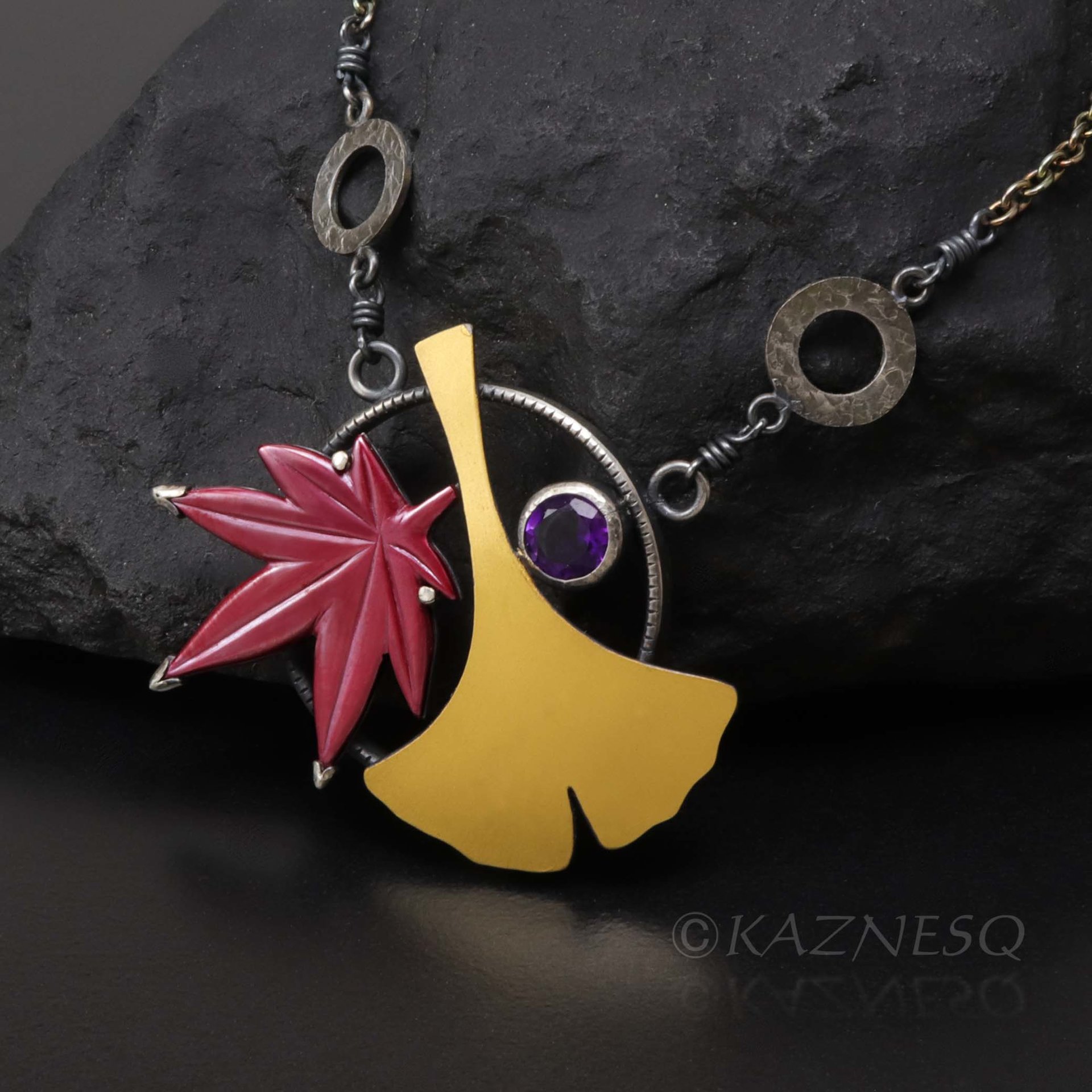 (C) KAZNESQ: Ginkgo and red maple leaf necklace, autumn jewelry gift for her