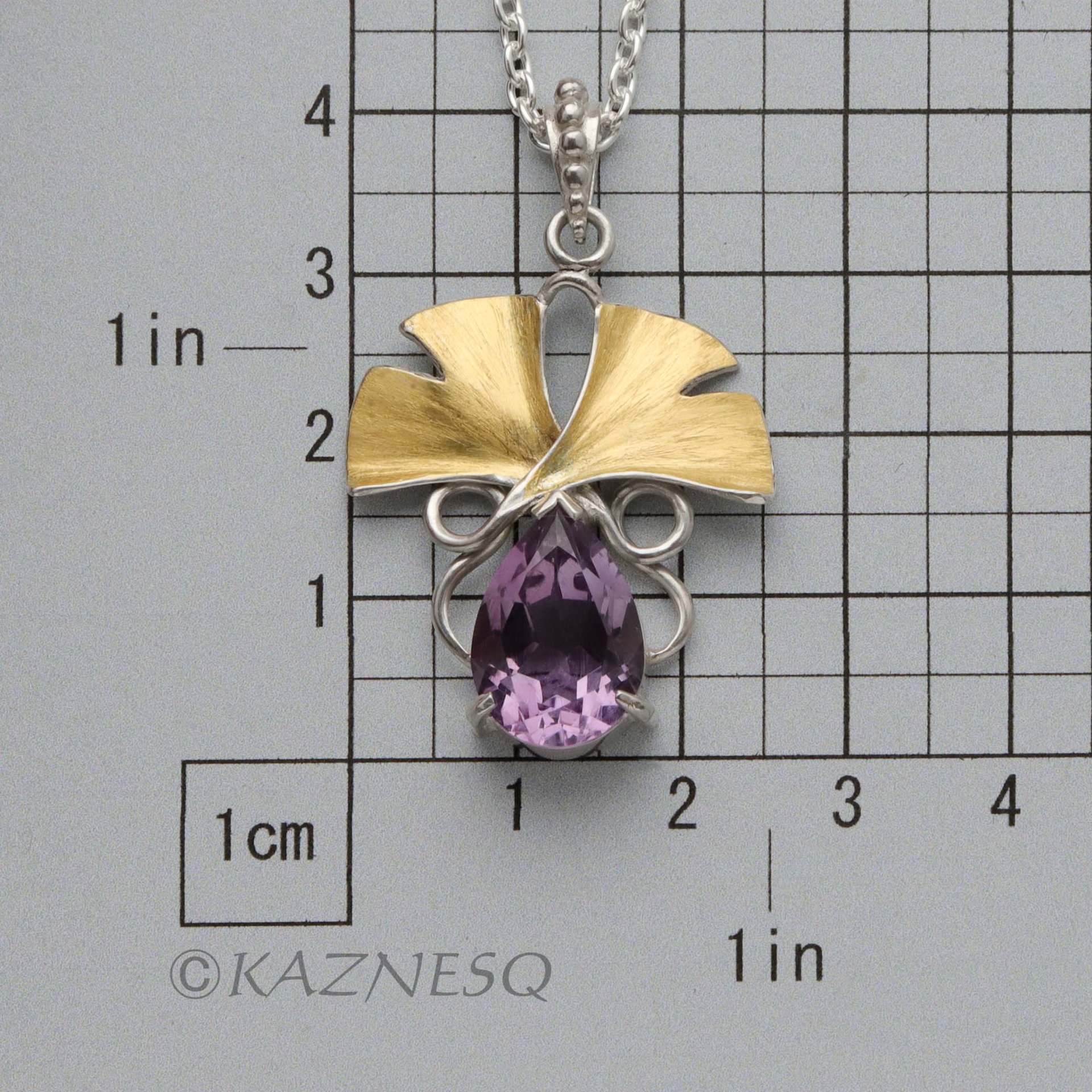 (C) KAZNESQ: Ginkgo leaf silver necklace with amethyst and Gold Keum Boo