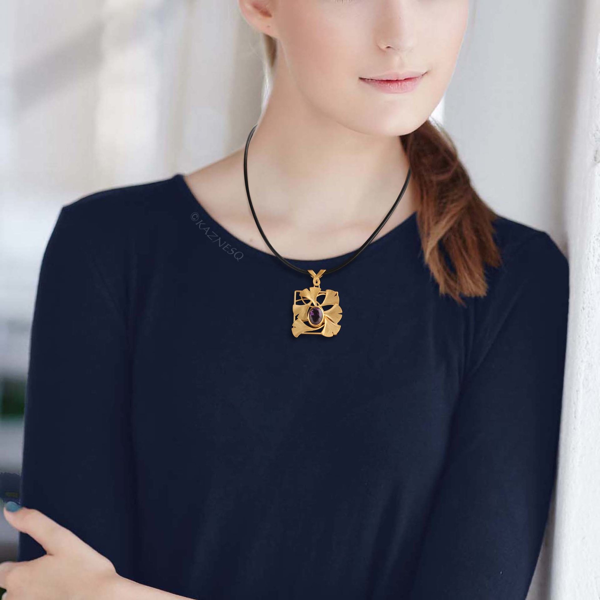(C) KAZNESQ: Ginkgo gold tone silver square necklace with amethyst