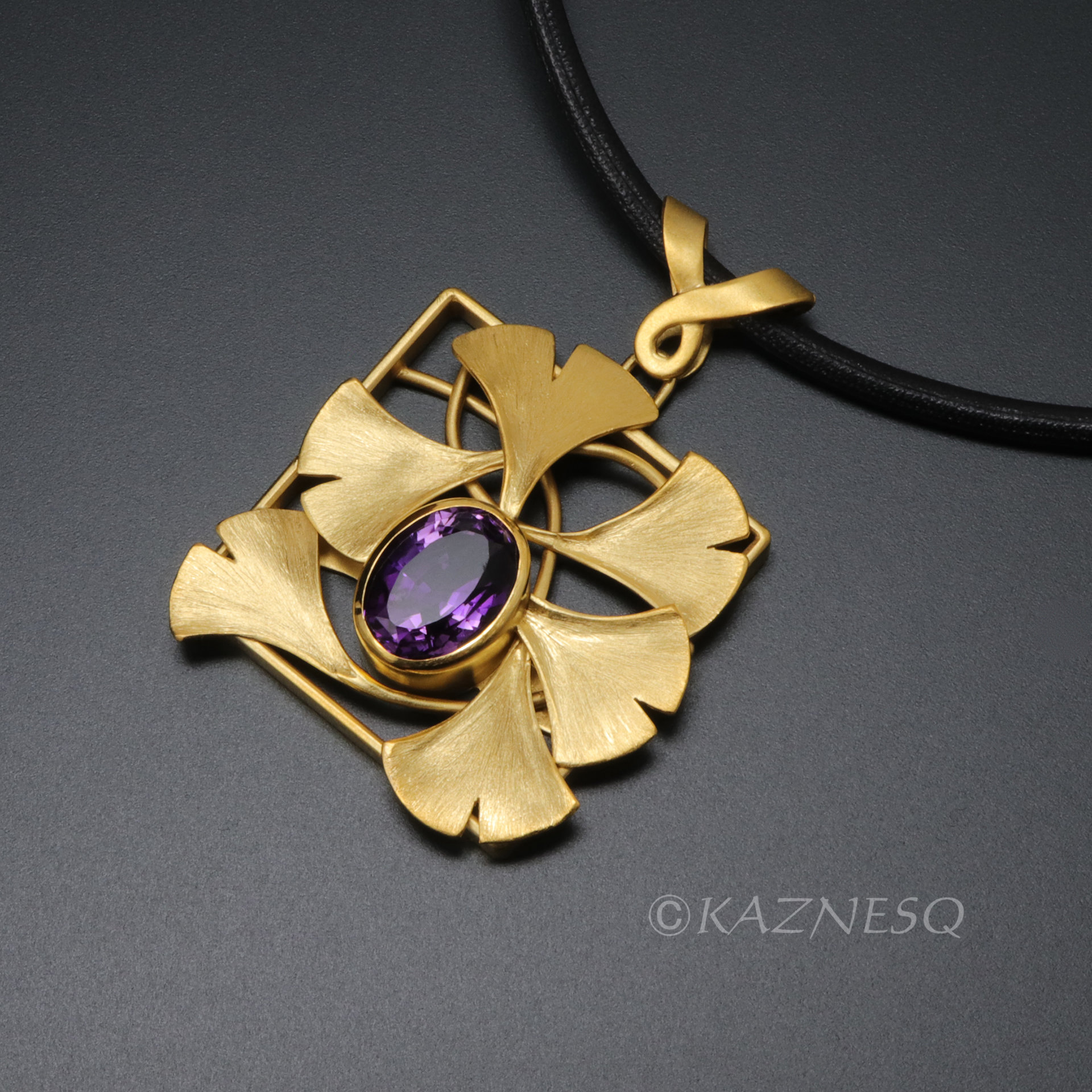 (C) KAZNESQ: Ginkgo gold tone silver square necklace with amethyst
