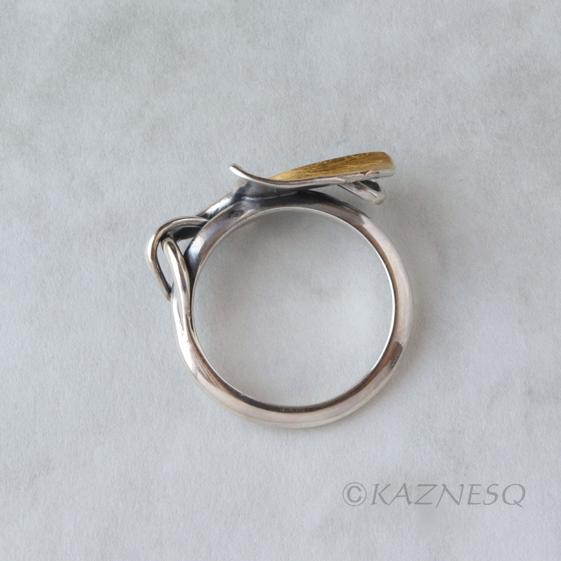 (C) KAZNESQ: Ginkgo leaf Keum Boo silver ring