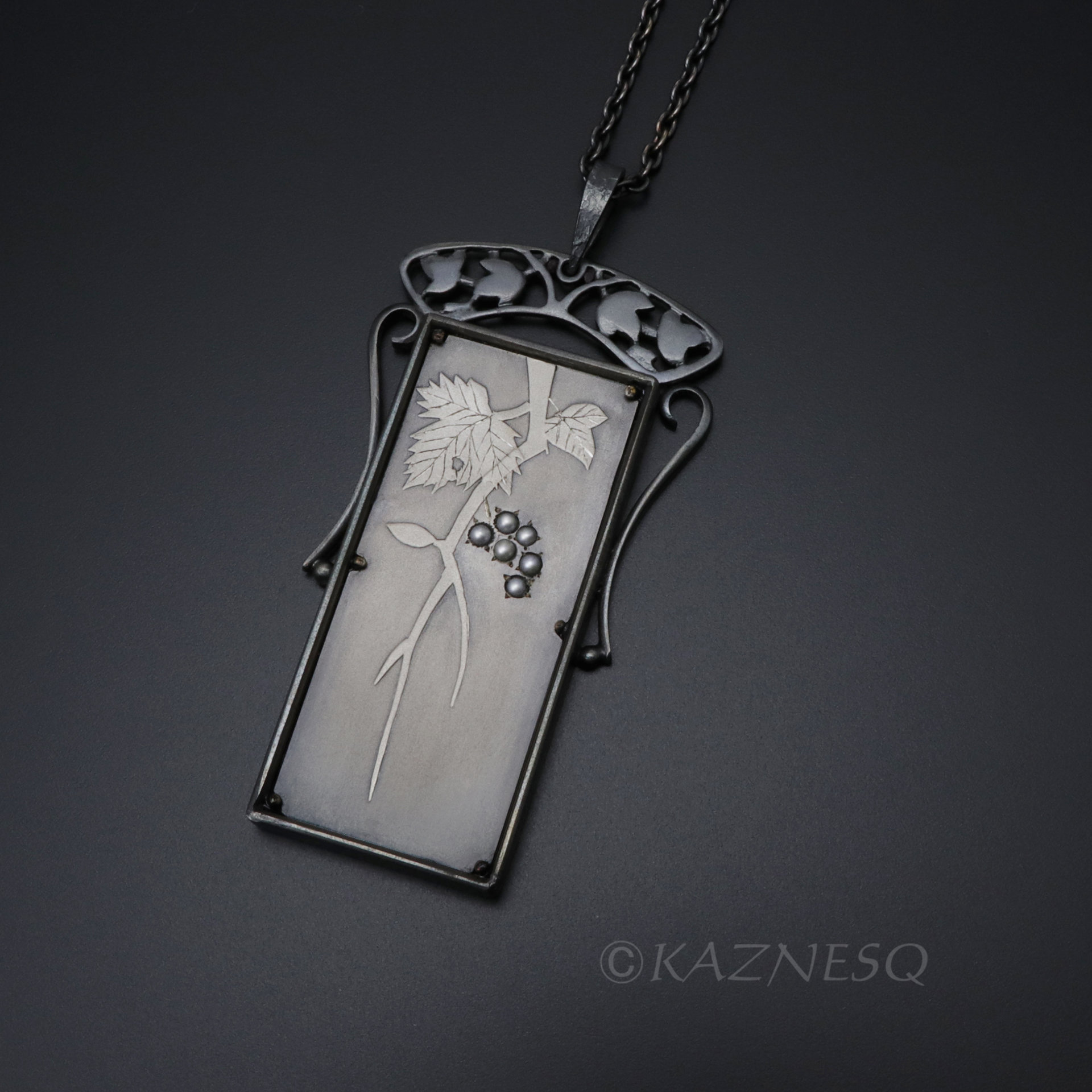 (C) KAZNESQ: Art Nouveau style rectangle wild grape Keum Boo necklace