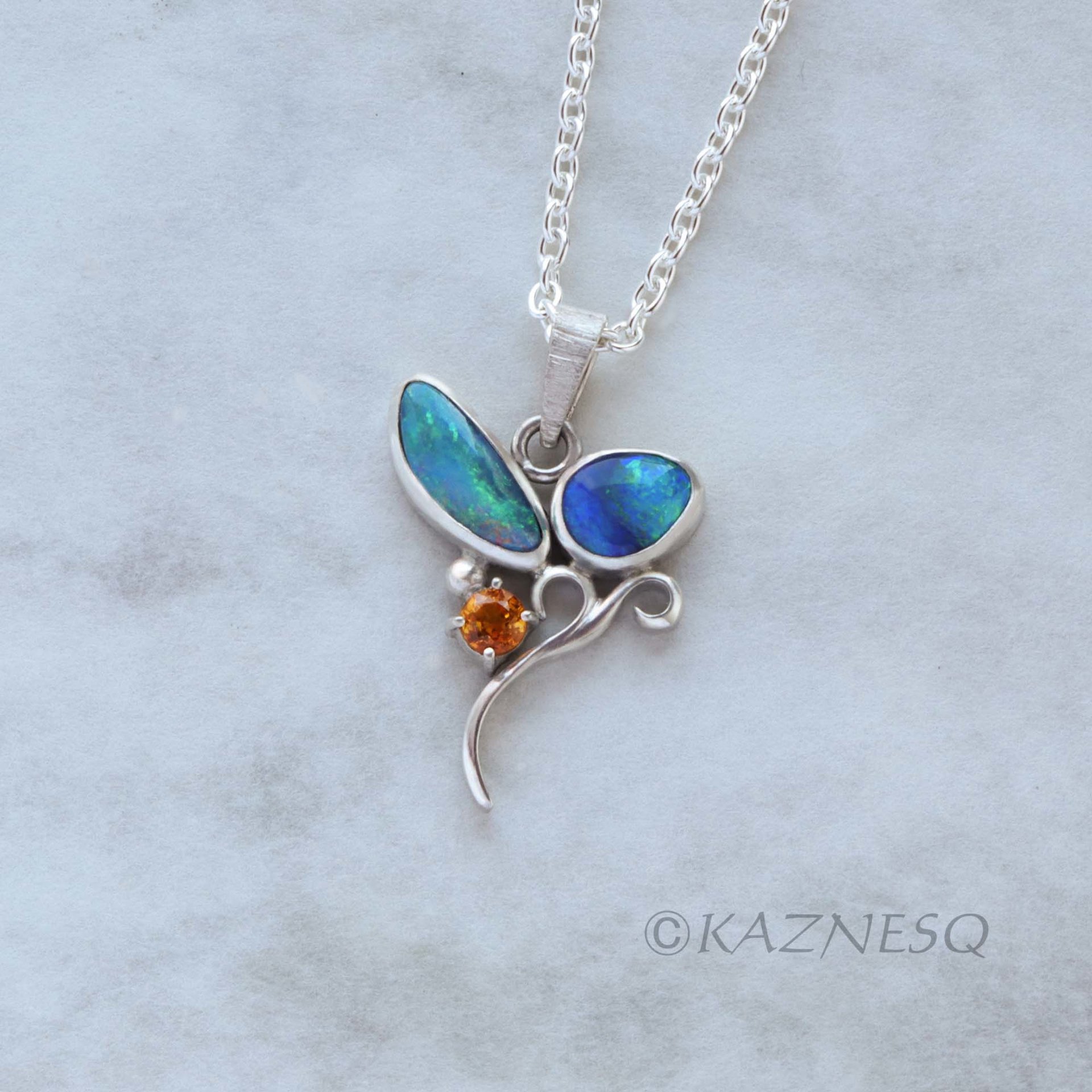 (C) KAZNESQ: Opal and orange sapphire Art Nouveau style silver necklace