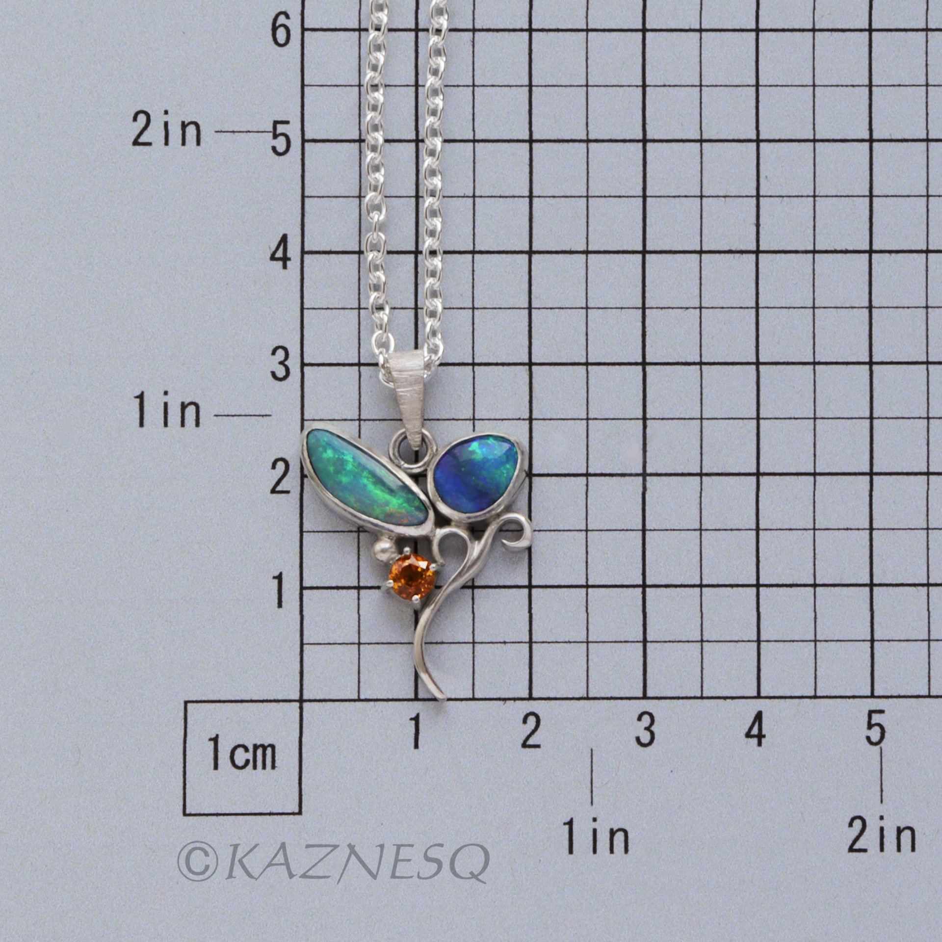 (C) KAZNESQ: Opal and orange sapphire Art Nouveau style silver necklace