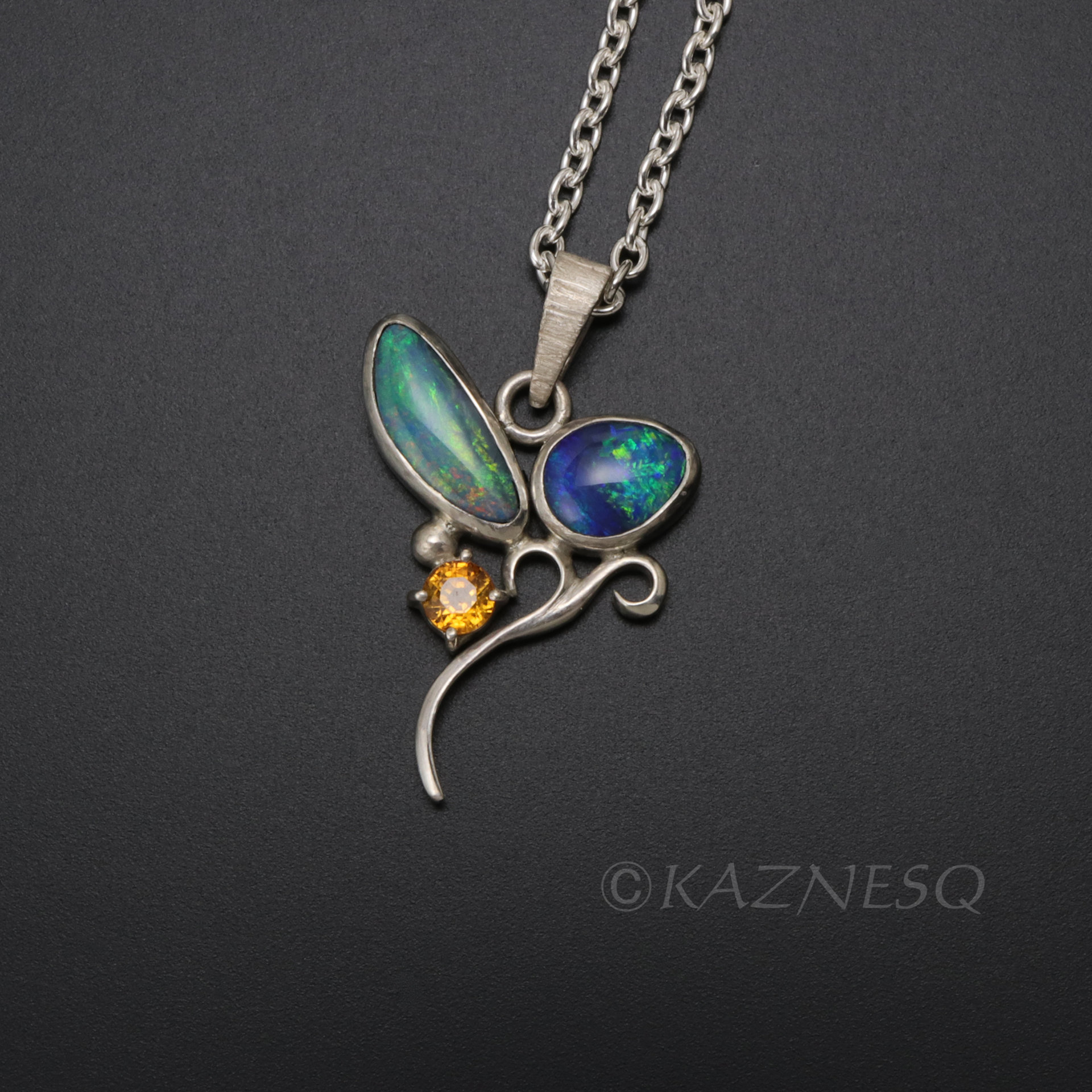 (C) KAZNESQ: Opal and orange sapphire Art Nouveau style silver necklace