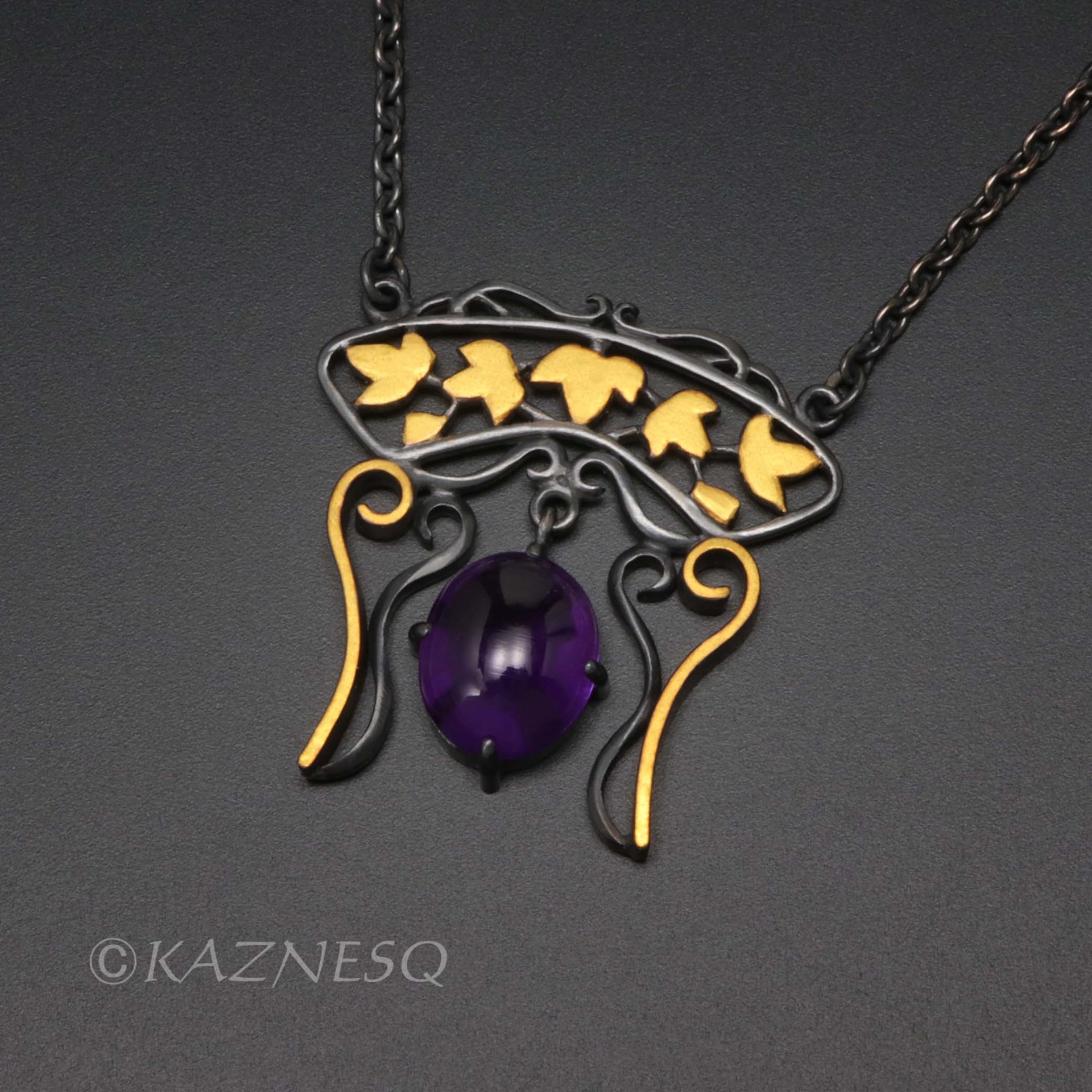 (C) KAZNESQ: Art Nouveau style ivy openwork Keum Boo amethyst necklace