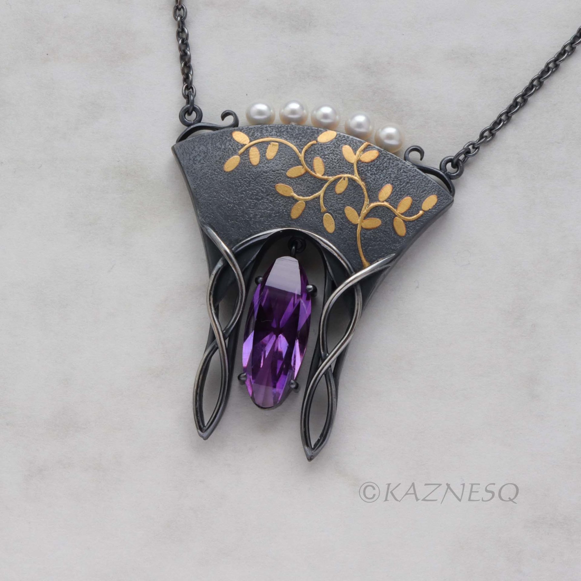 (C) KAZNESQ: Art Nouveau style gold Japanese bush clover silver necklace