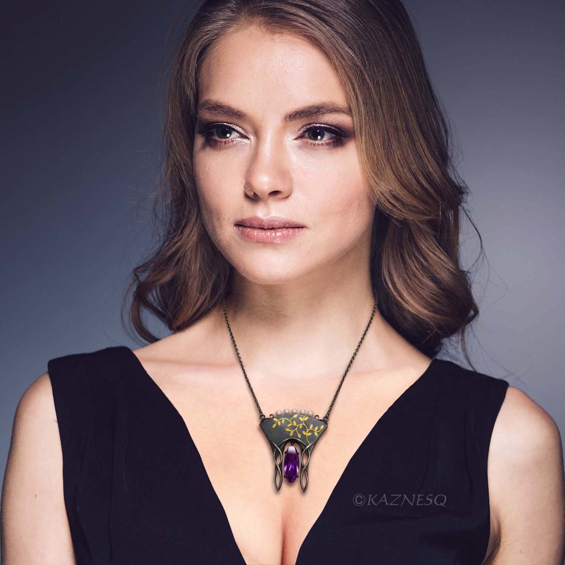 (C) KAZNESQ: Art Nouveau style gold Japanese bush clover silver necklace