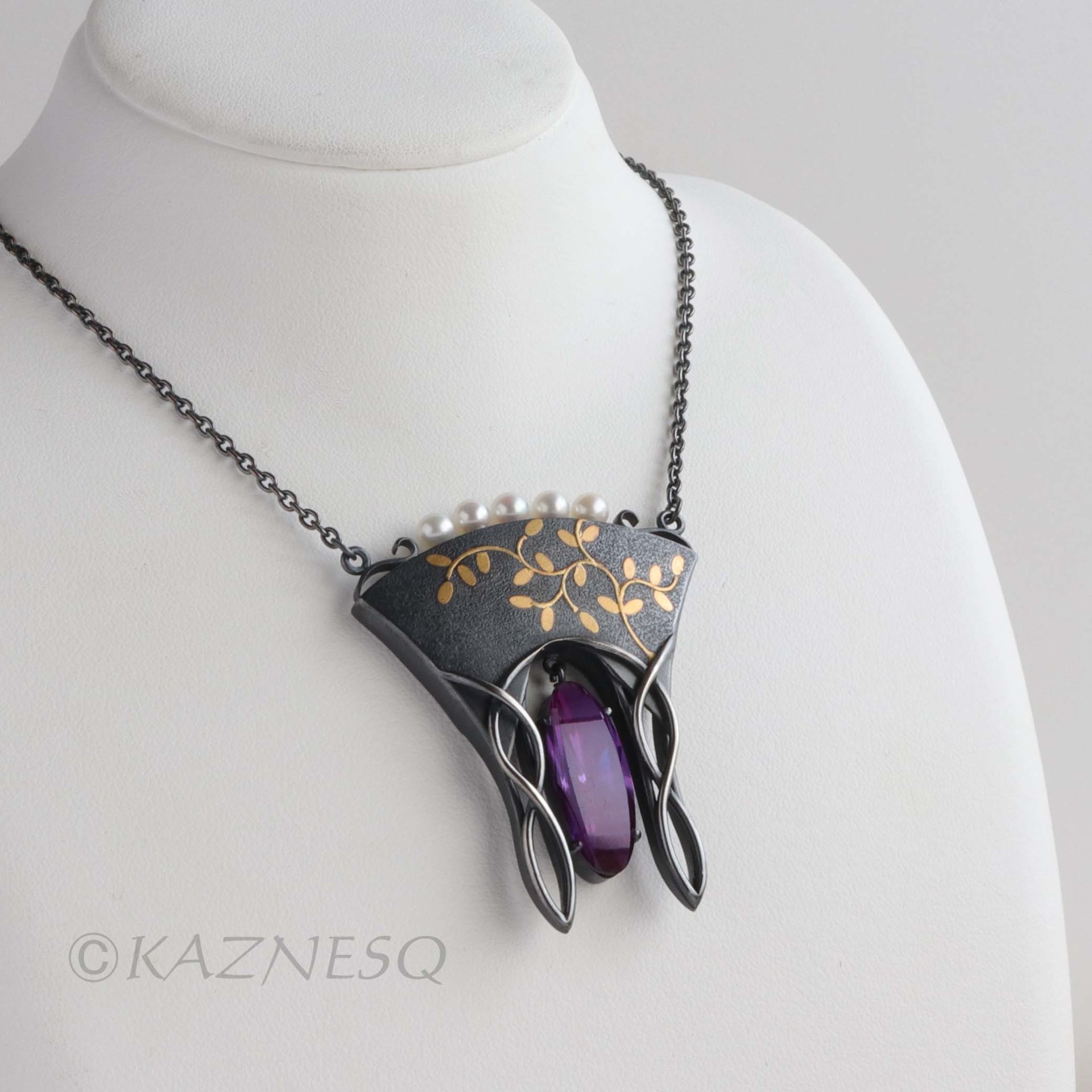 (C) KAZNESQ: Art Nouveau style gold Japanese bush clover silver necklace