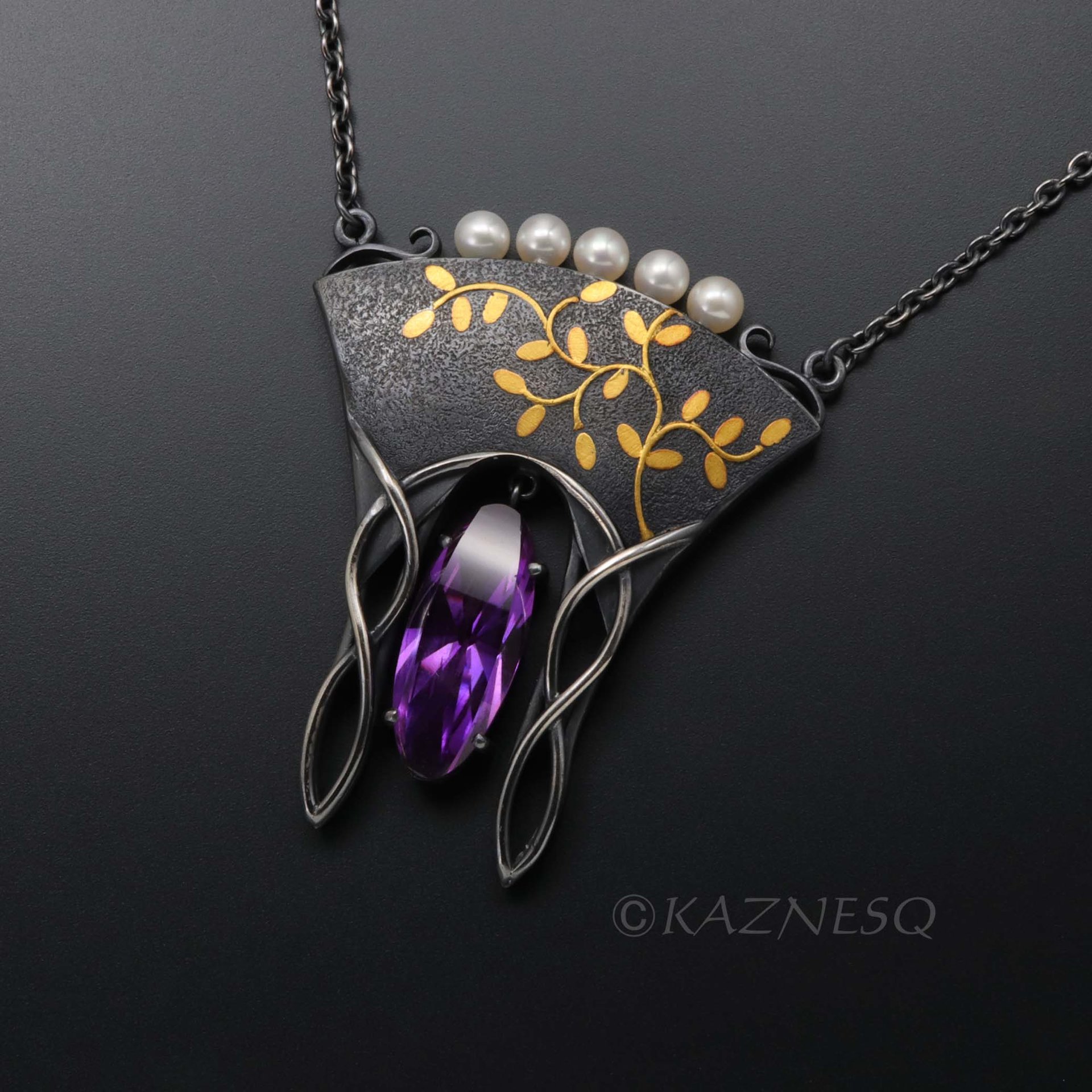 (C) KAZNESQ: Art Nouveau style gold Japanese bush clover silver necklace