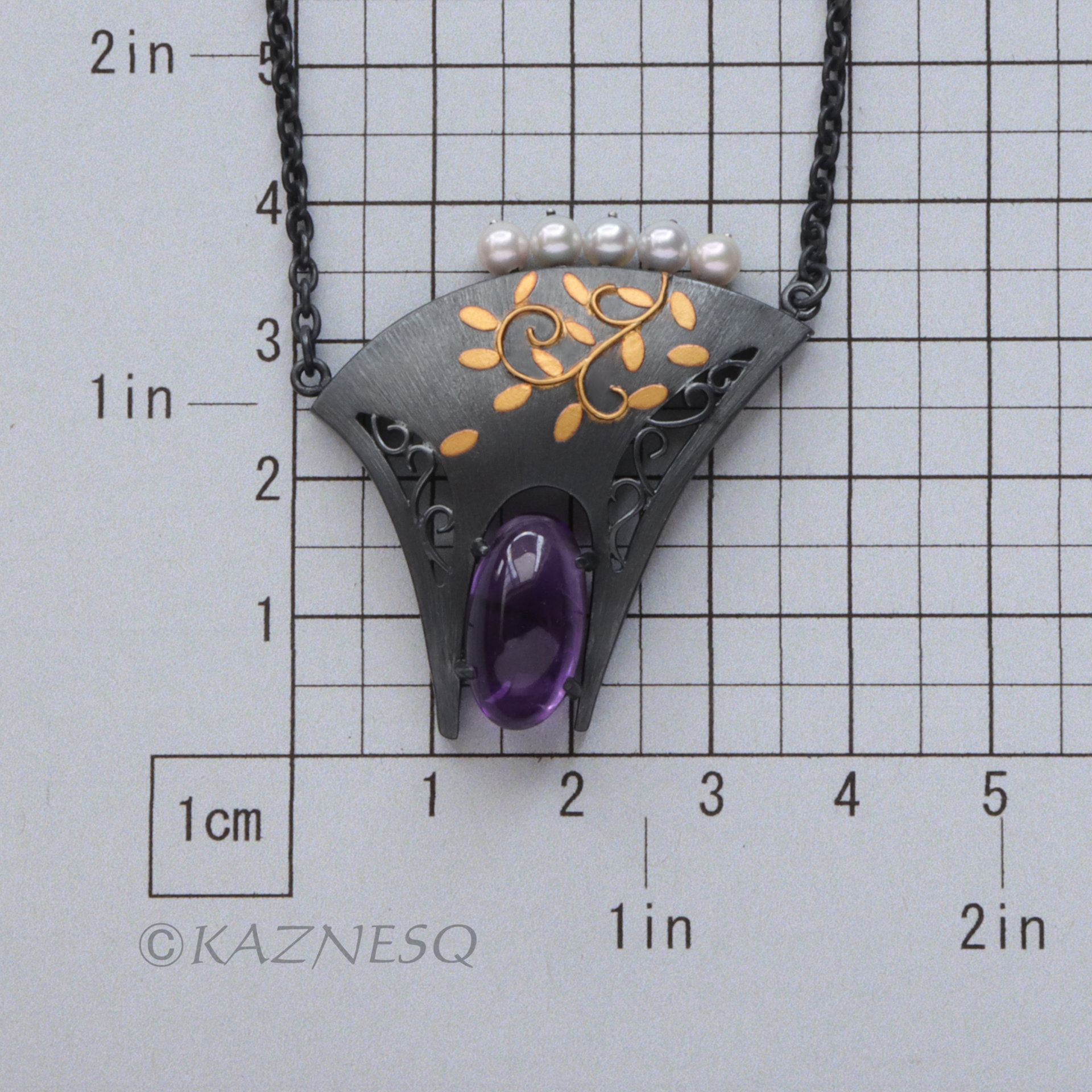 (C) KAZNESQ: Japanese bush clover Keum Boo pendant necklace with amethyst