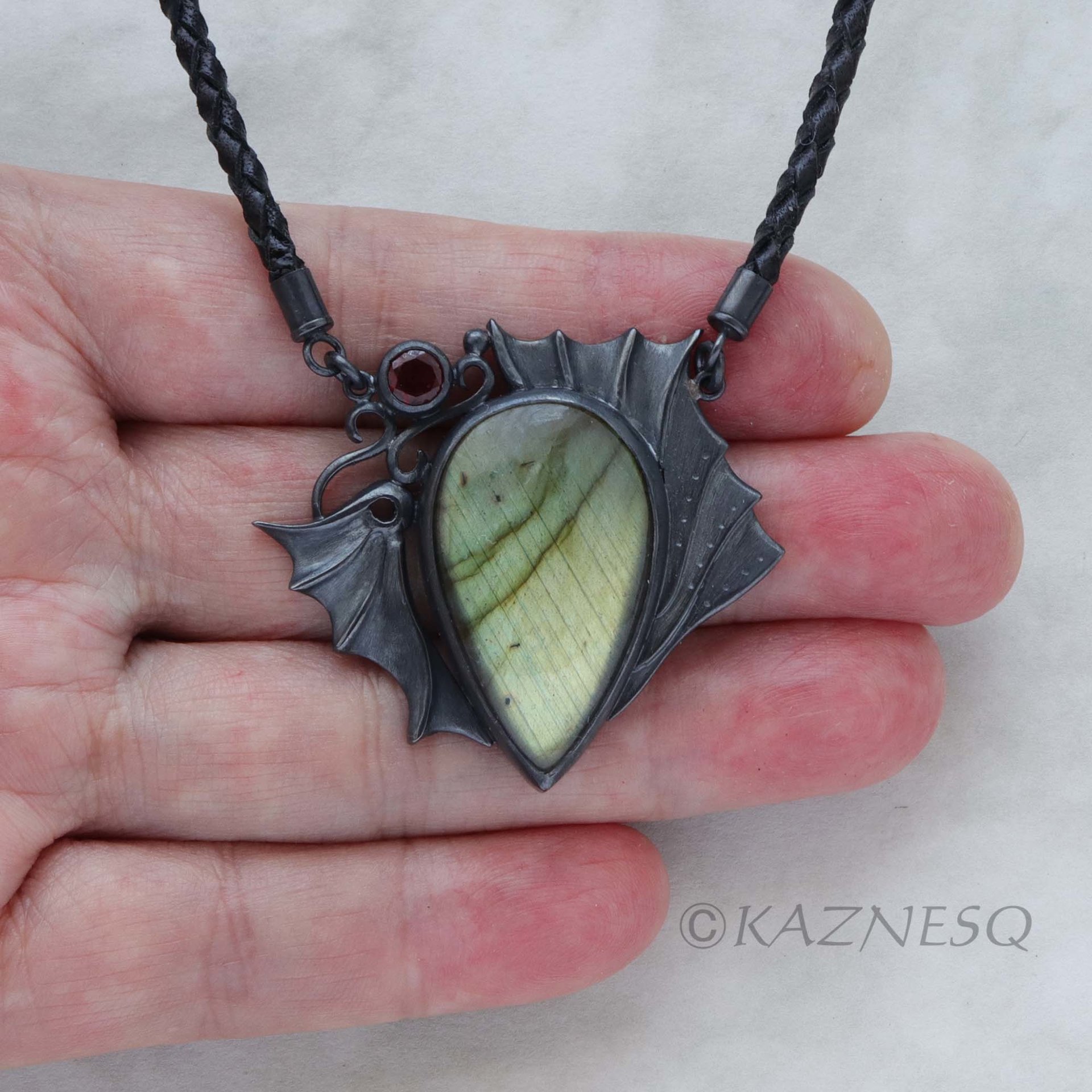 (C) KAZNESQ: Green labradorite dragon motif oxidized silver necklace
