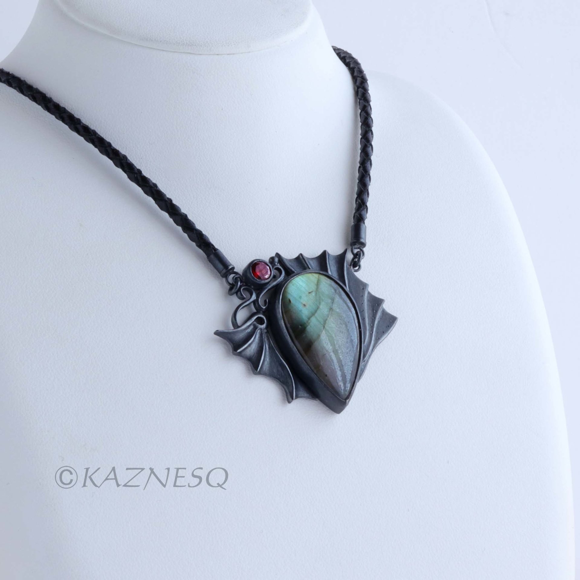(C) KAZNESQ: Green labradorite dragon motif oxidized silver necklace