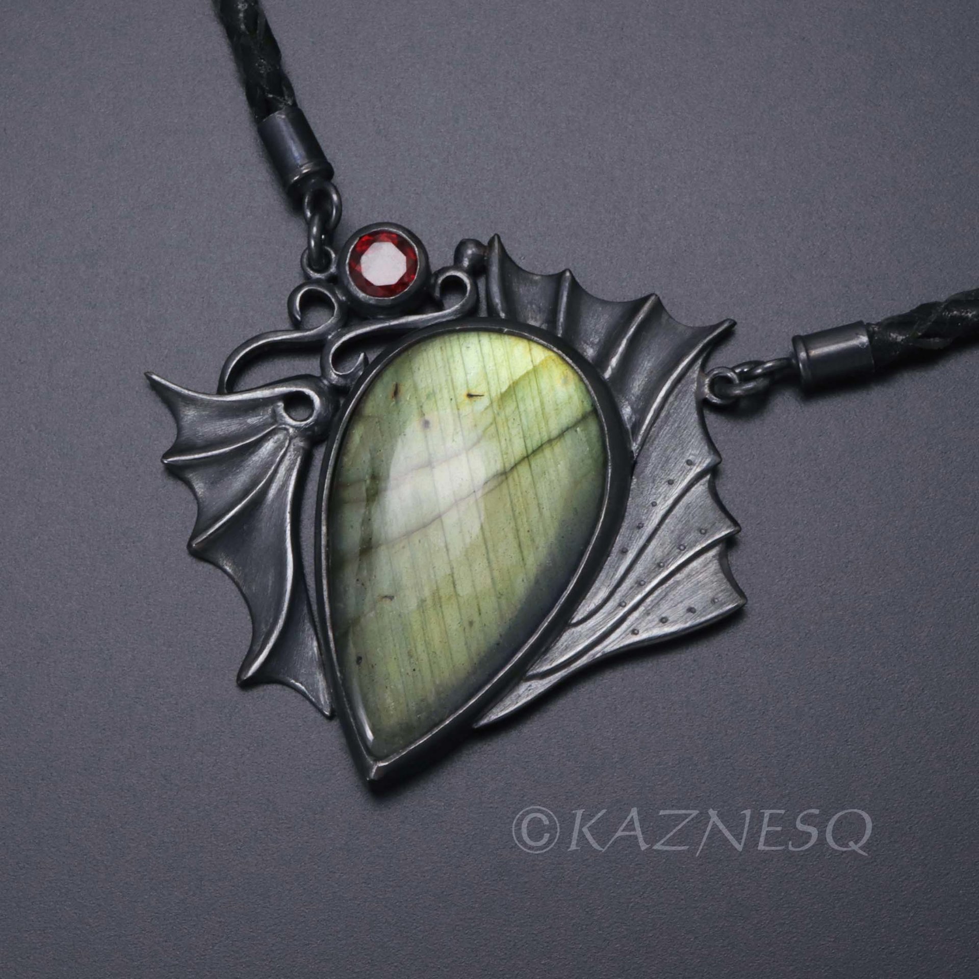 (C) KAZNESQ: Green labradorite dragon motif oxidized silver necklace