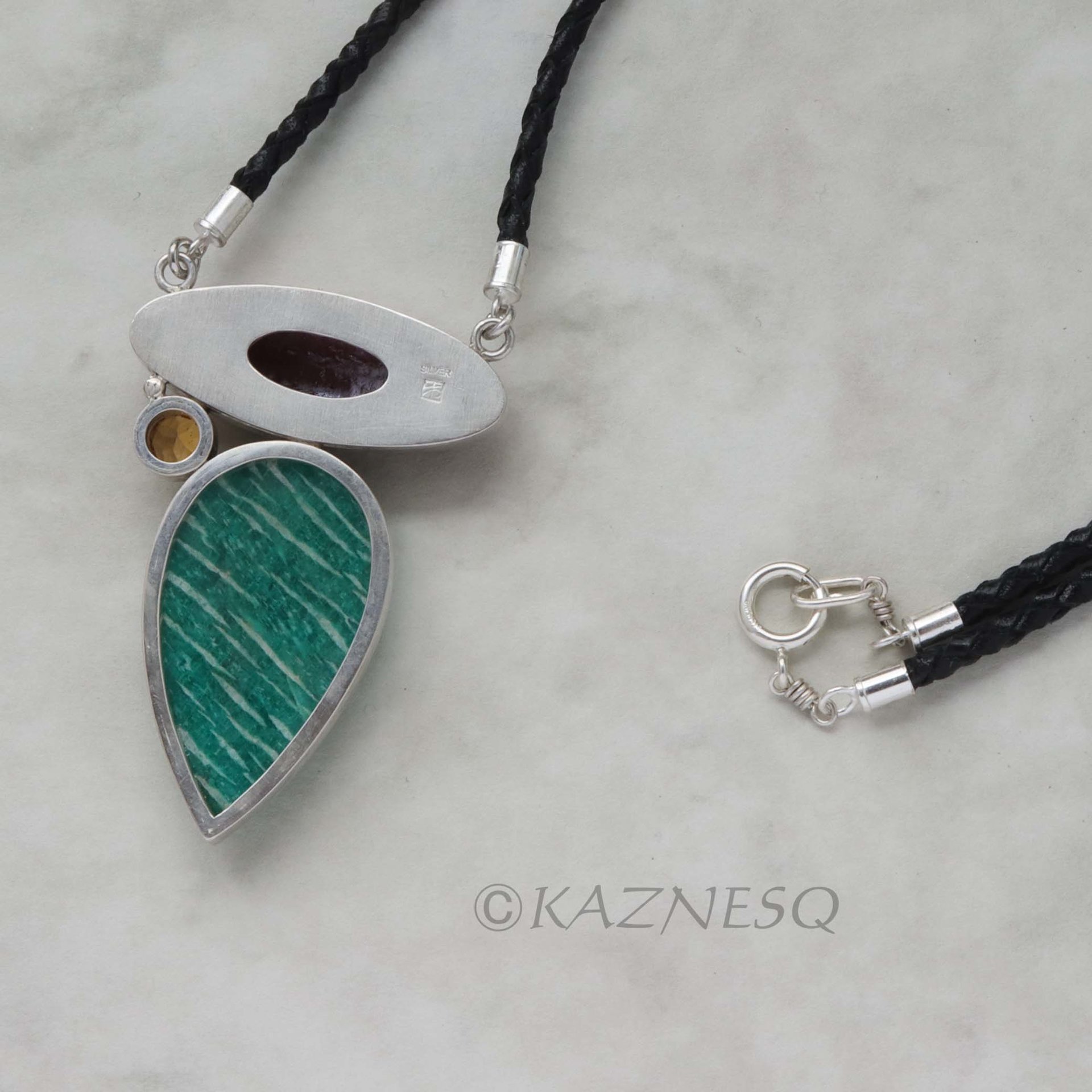 SALE: Russian Amazonite and Japanese patinaed red copper silver pendant necklace, color pendant