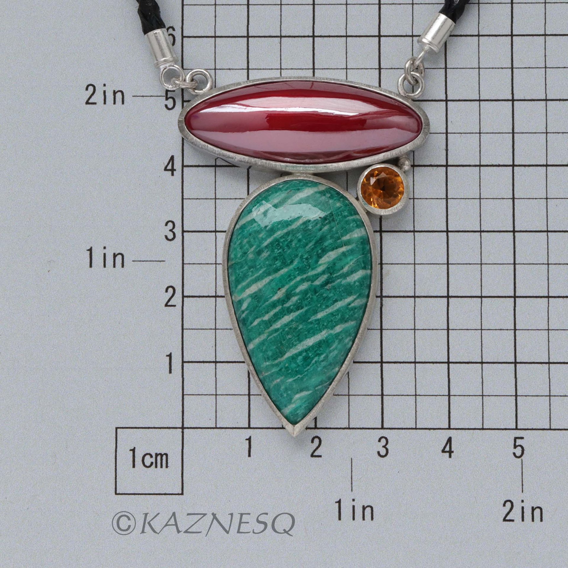SALE: Russian Amazonite and Japanese patinaed red copper silver pendant necklace, color pendant