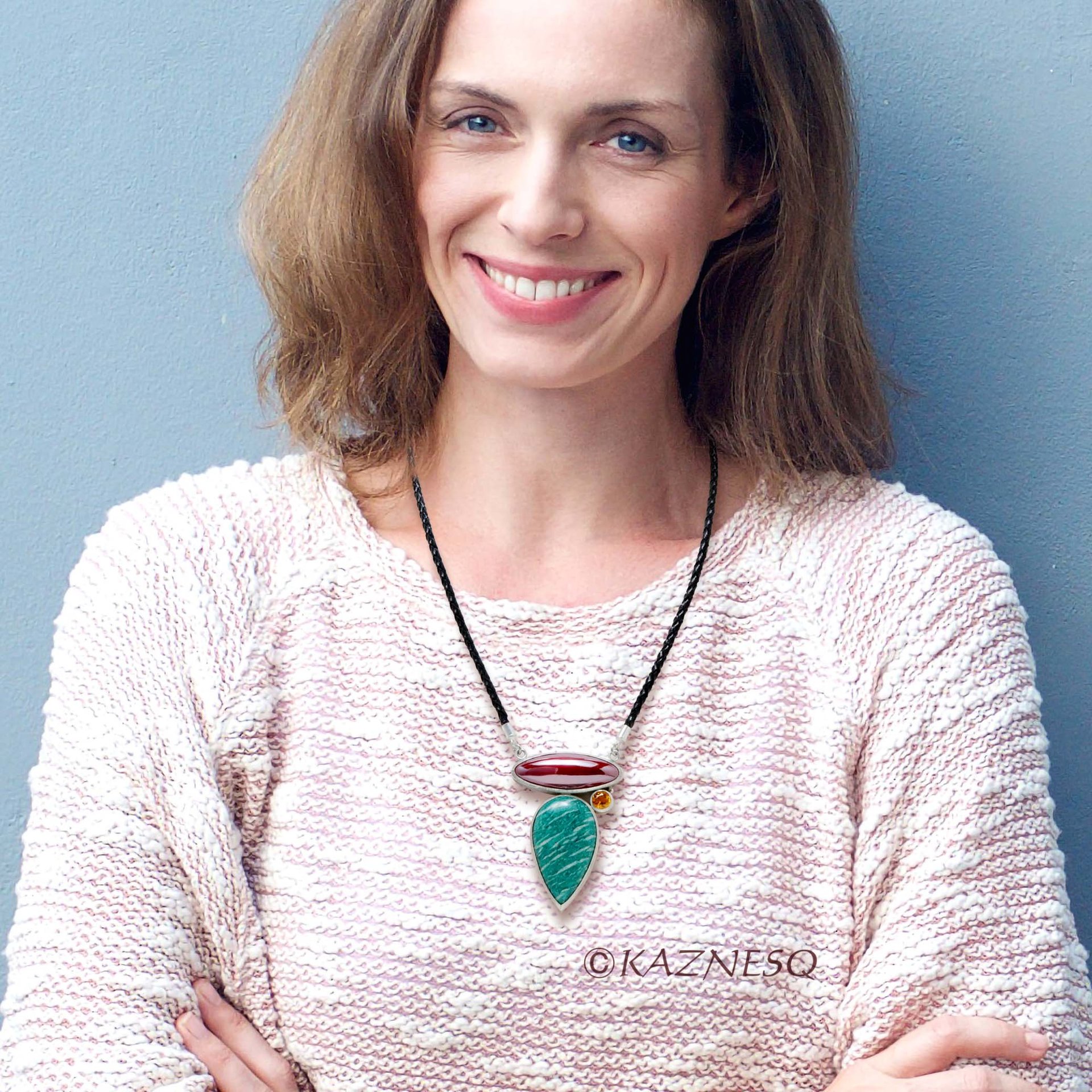 SALE: Russian Amazonite and Japanese patinaed red copper silver pendant necklace, color pendant