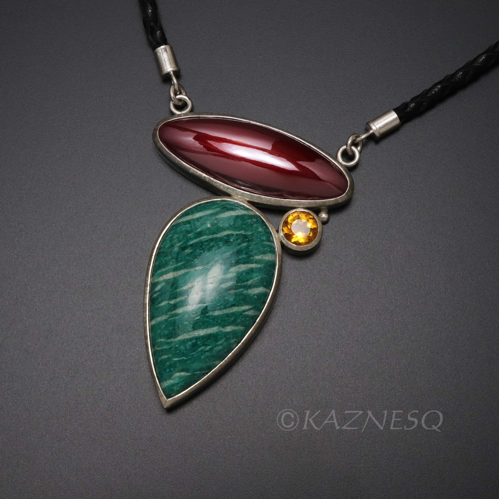 SALE: Russian Amazonite and Japanese patinaed red copper silver pendant necklace, color pendant