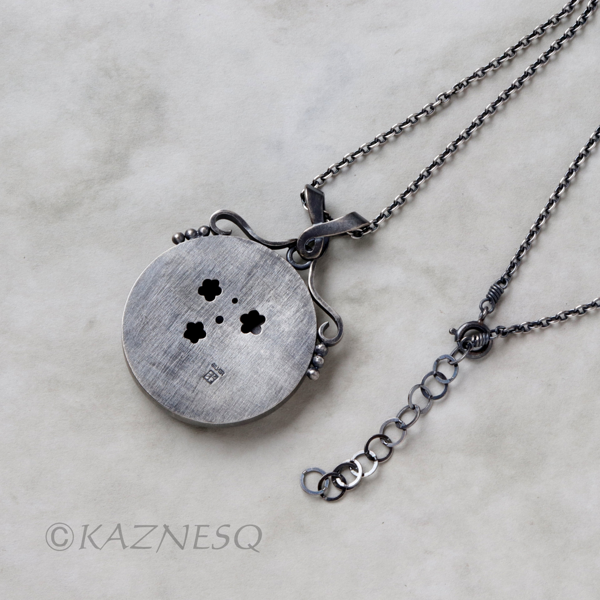 (C) KAZNESQ: Keum Boo oxidized copper round pendant of the moon and blossoms