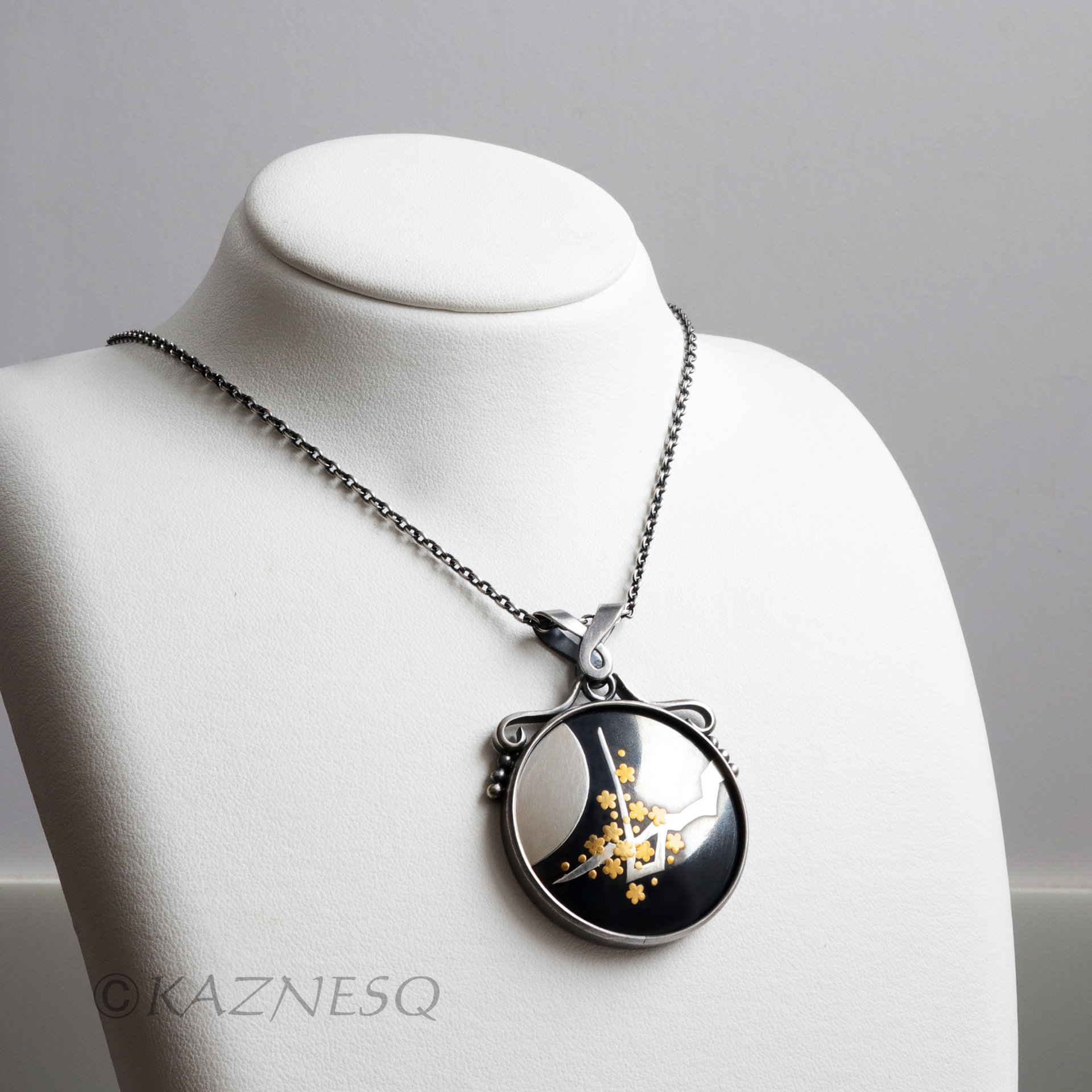 (C) KAZNESQ: Keum Boo oxidized copper round pendant of the moon and blossoms