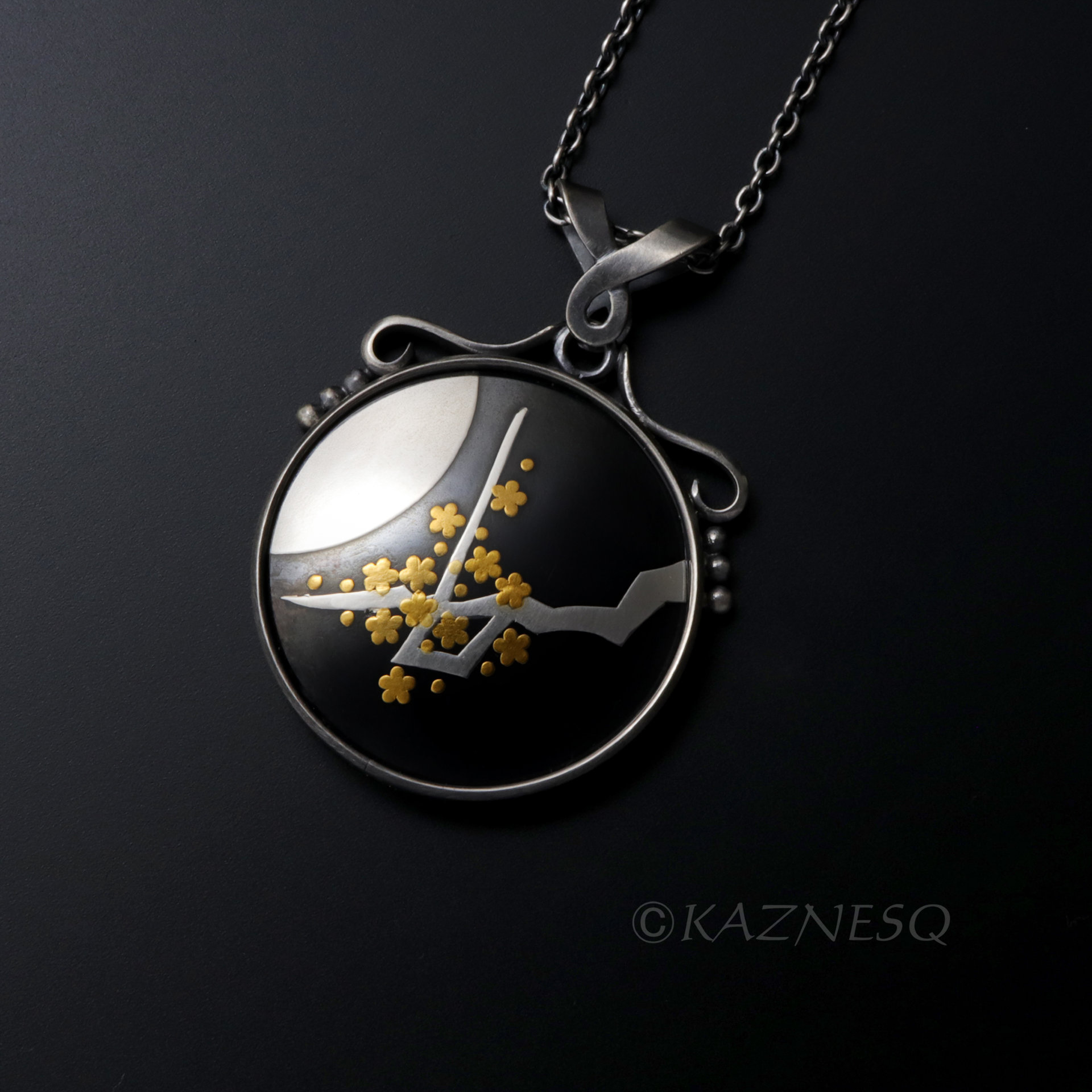 (C) KAZNESQ: Keum Boo oxidized copper round pendant of the moon and blossoms