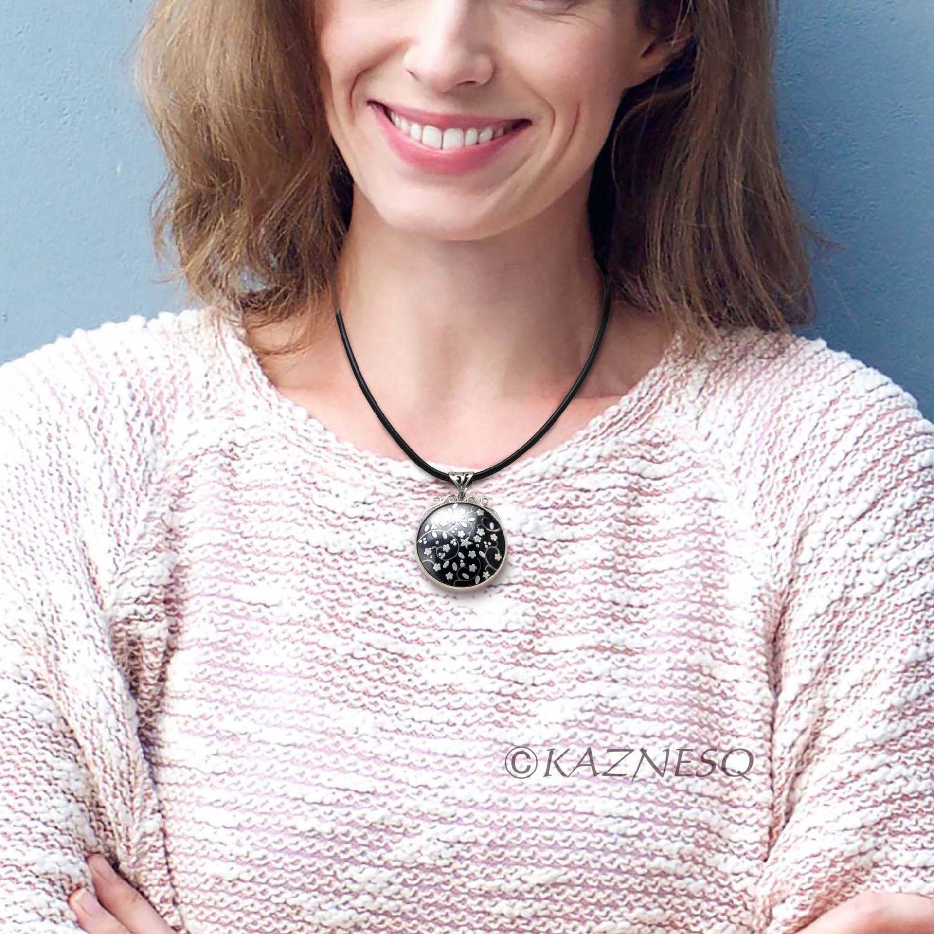 (C)KAZNESQ: Black copper and silver flower necklace