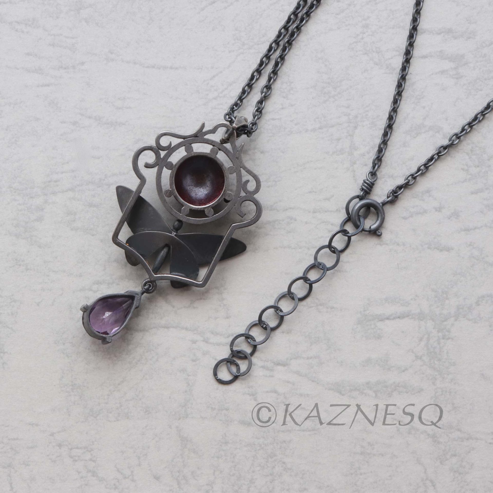 (C) KAZNESQ: Keum Boo and red copper Art Deco oxidized silver butterfly necklace