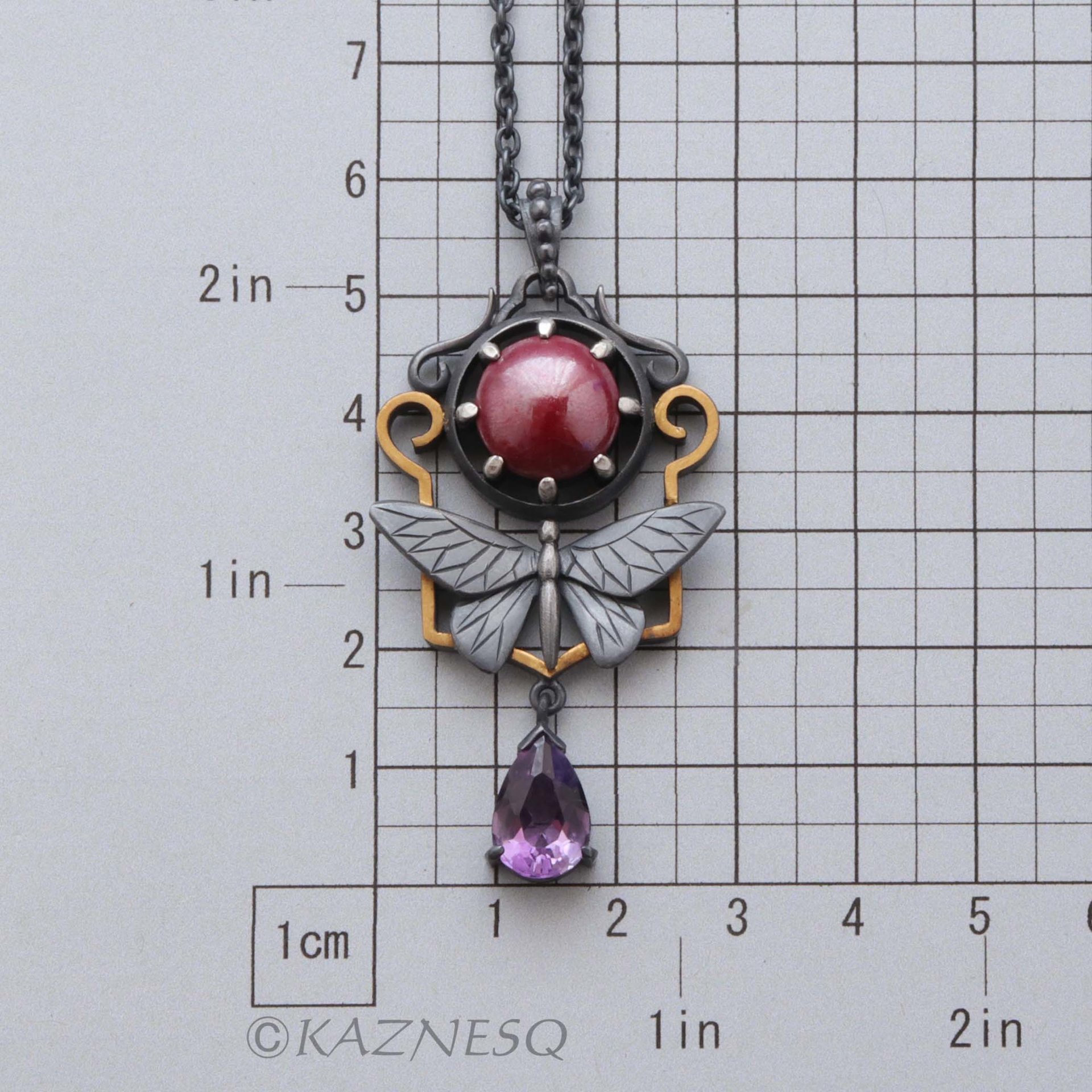 (C) KAZNESQ: Keum Boo and red copper Art Deco oxidized silver butterfly necklace