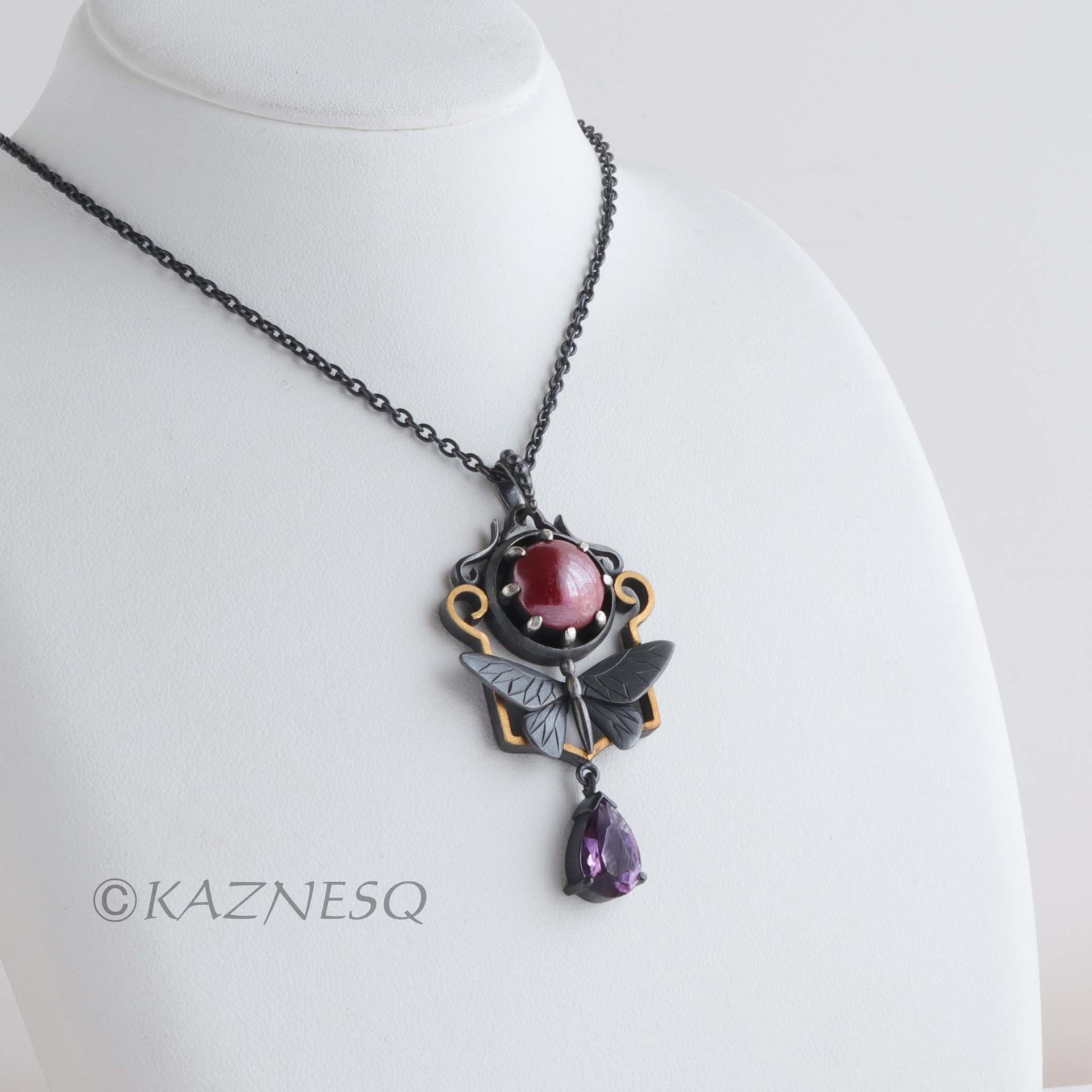 (C) KAZNESQ: Keum Boo and red copper Art Deco oxidized silver butterfly necklace