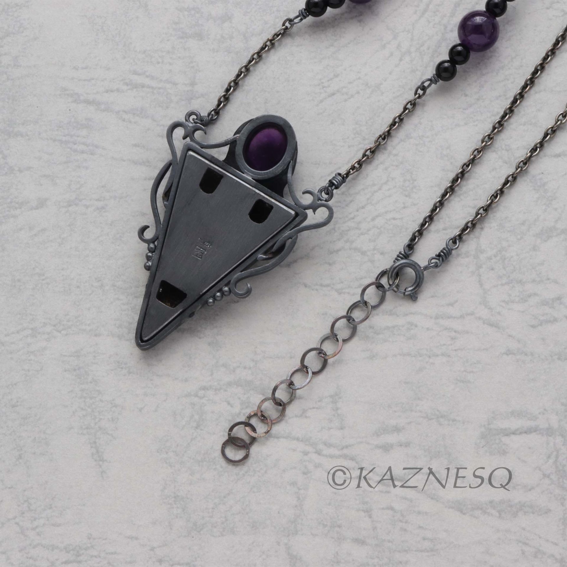 (C) KAZNESQ: Lotus Keum Boo triangle amethyst oxidized silver and copper pendant