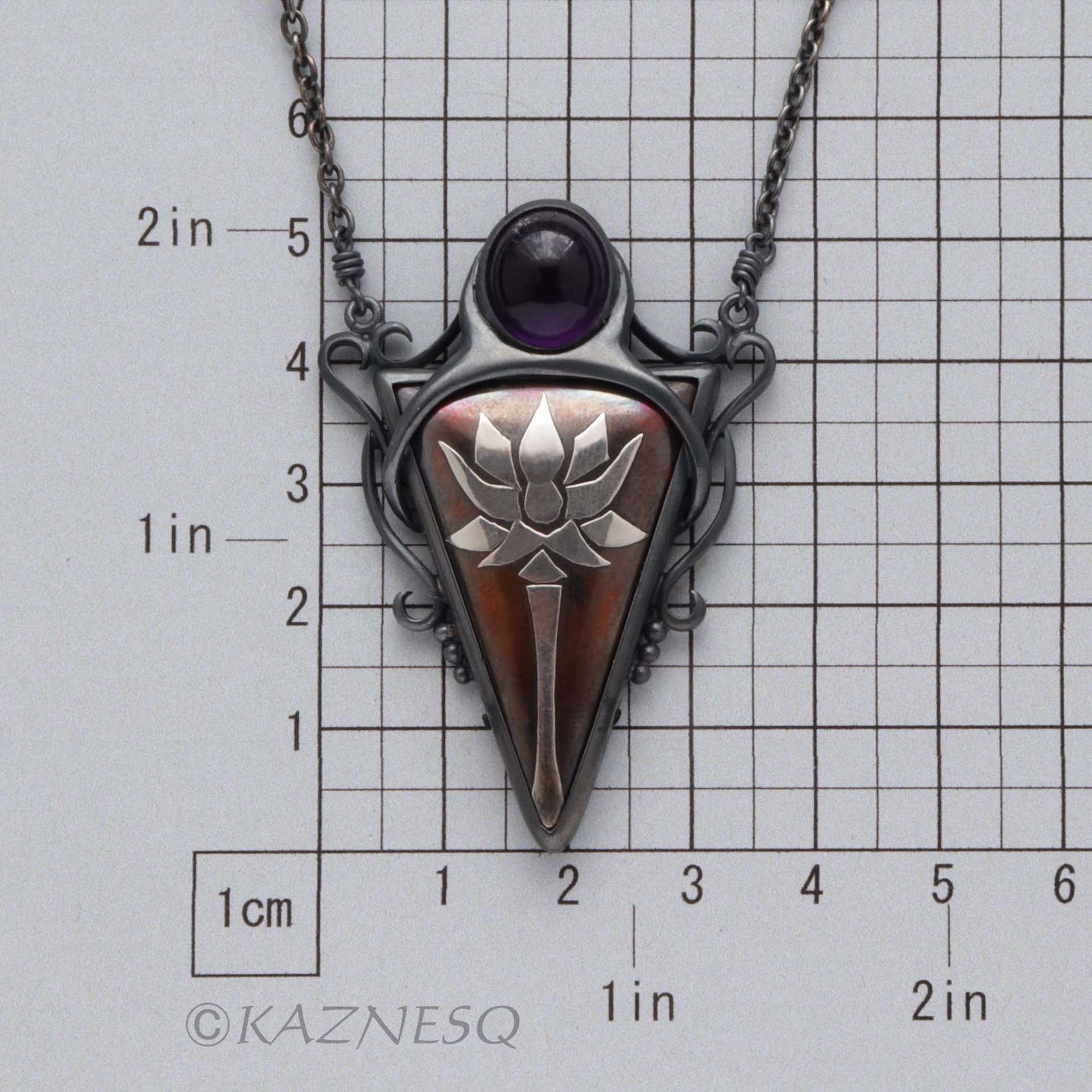 (C) KAZNESQ: Lotus Keum Boo triangle amethyst oxidized silver and copper pendant