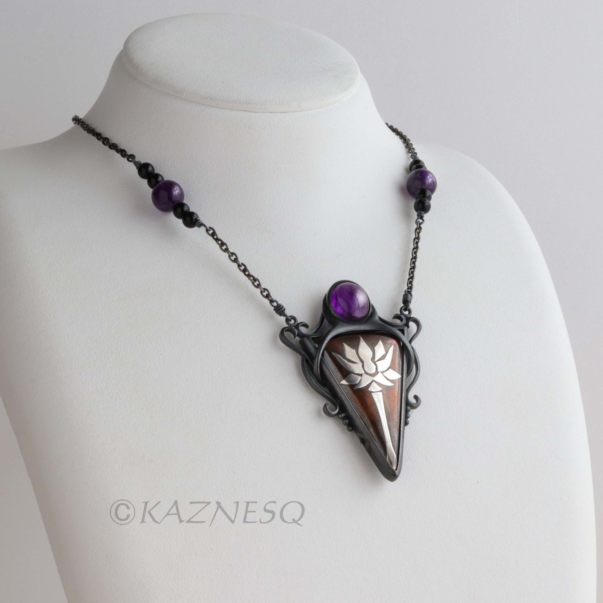 (C) KAZNESQ: Lotus Keum Boo triangle amethyst oxidized silver and copper pendant