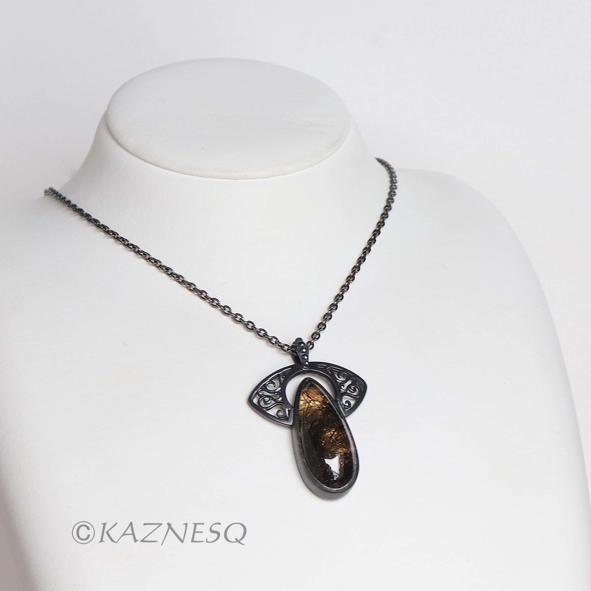 (C)KAZNESQ: Black tourmaline quartz lined with gold oxidized silver necklace