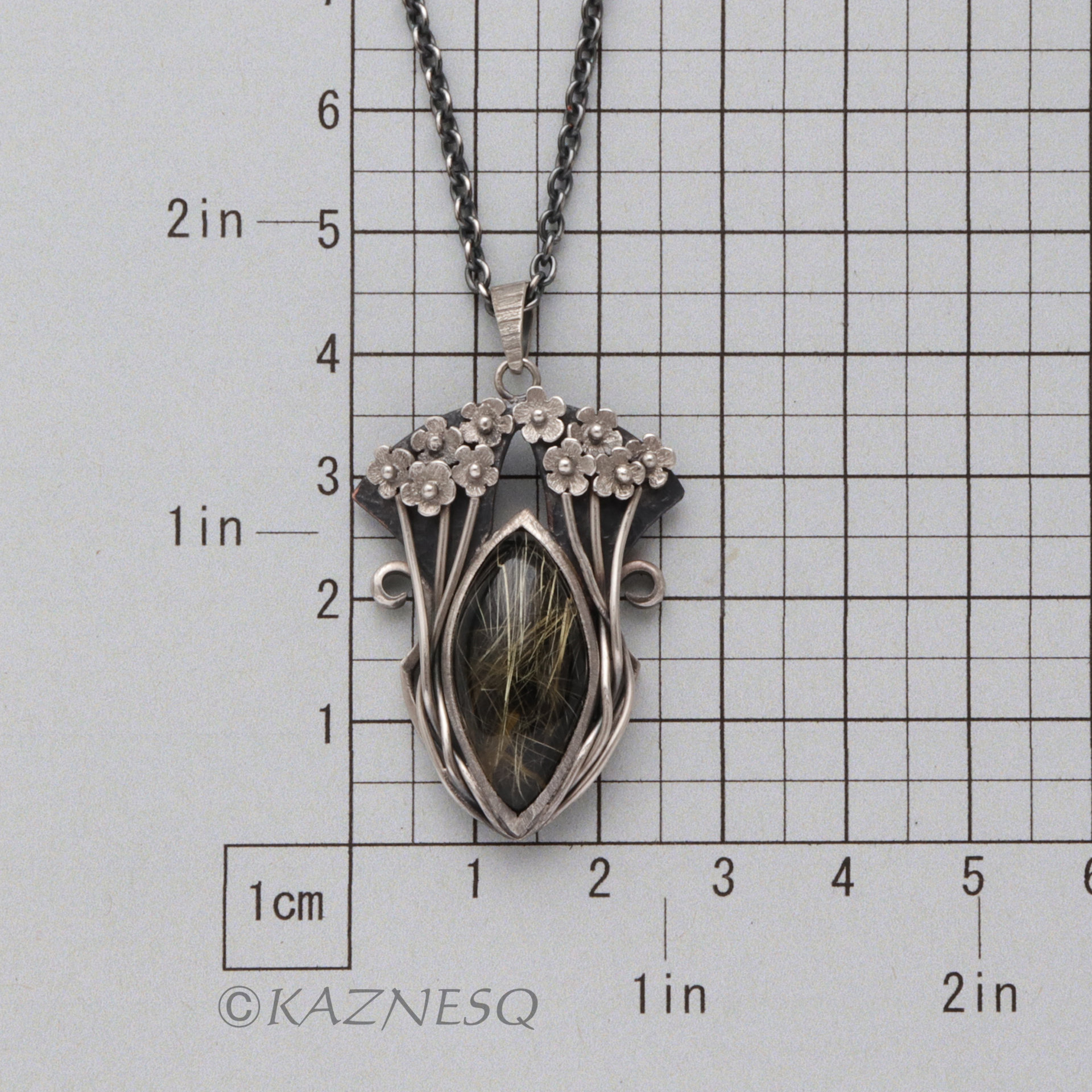 (C) KAZNESQ: Rutilated quartz lined with onyx, Art Nouveau style necklace