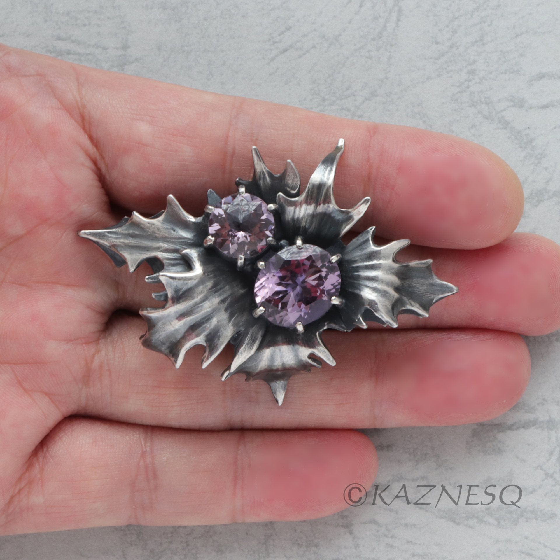 (C)KAZNESQ: Thistle motif amethyst oxidized silver brooch