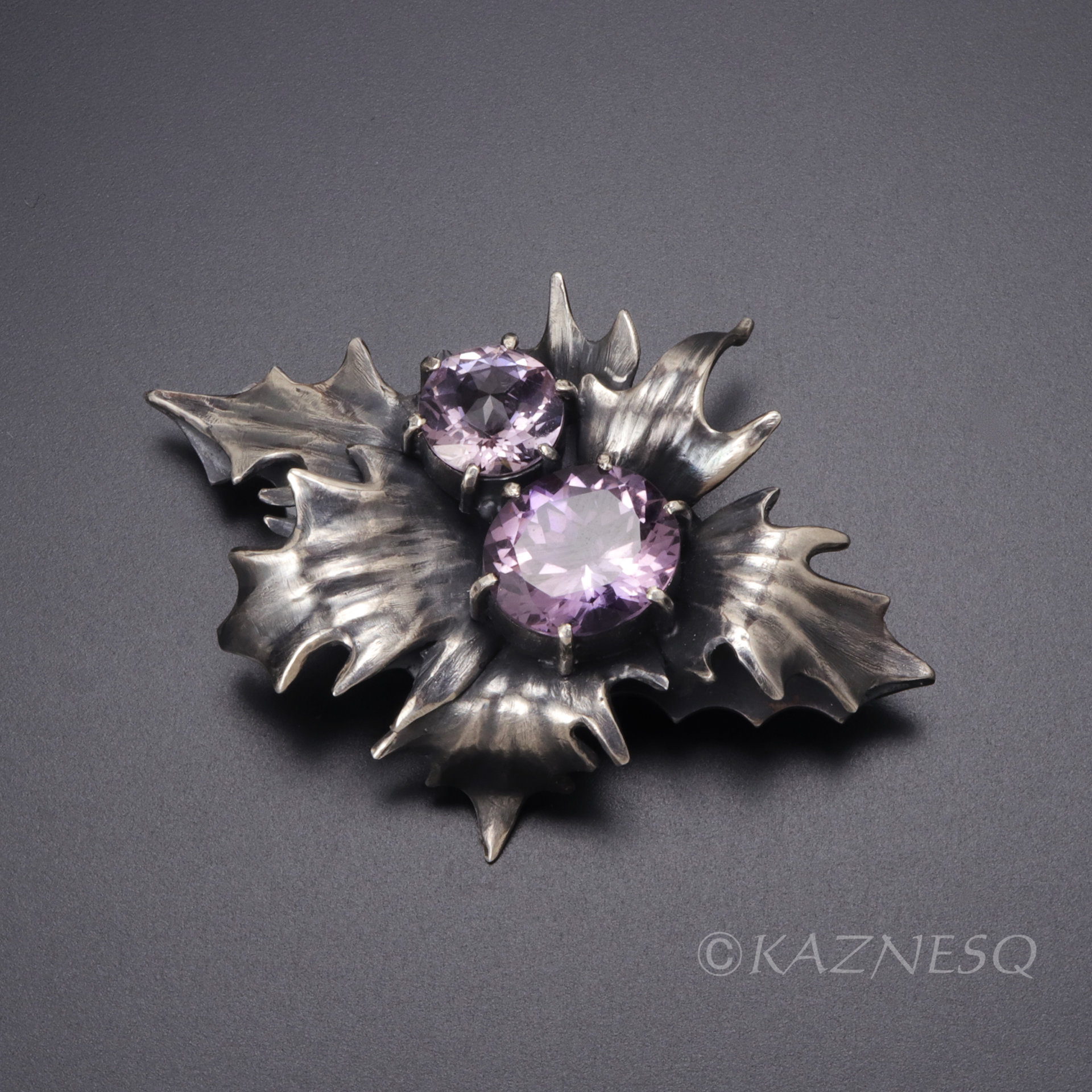 (C)KAZNESQ: Thistle motif amethyst oxidized silver brooch