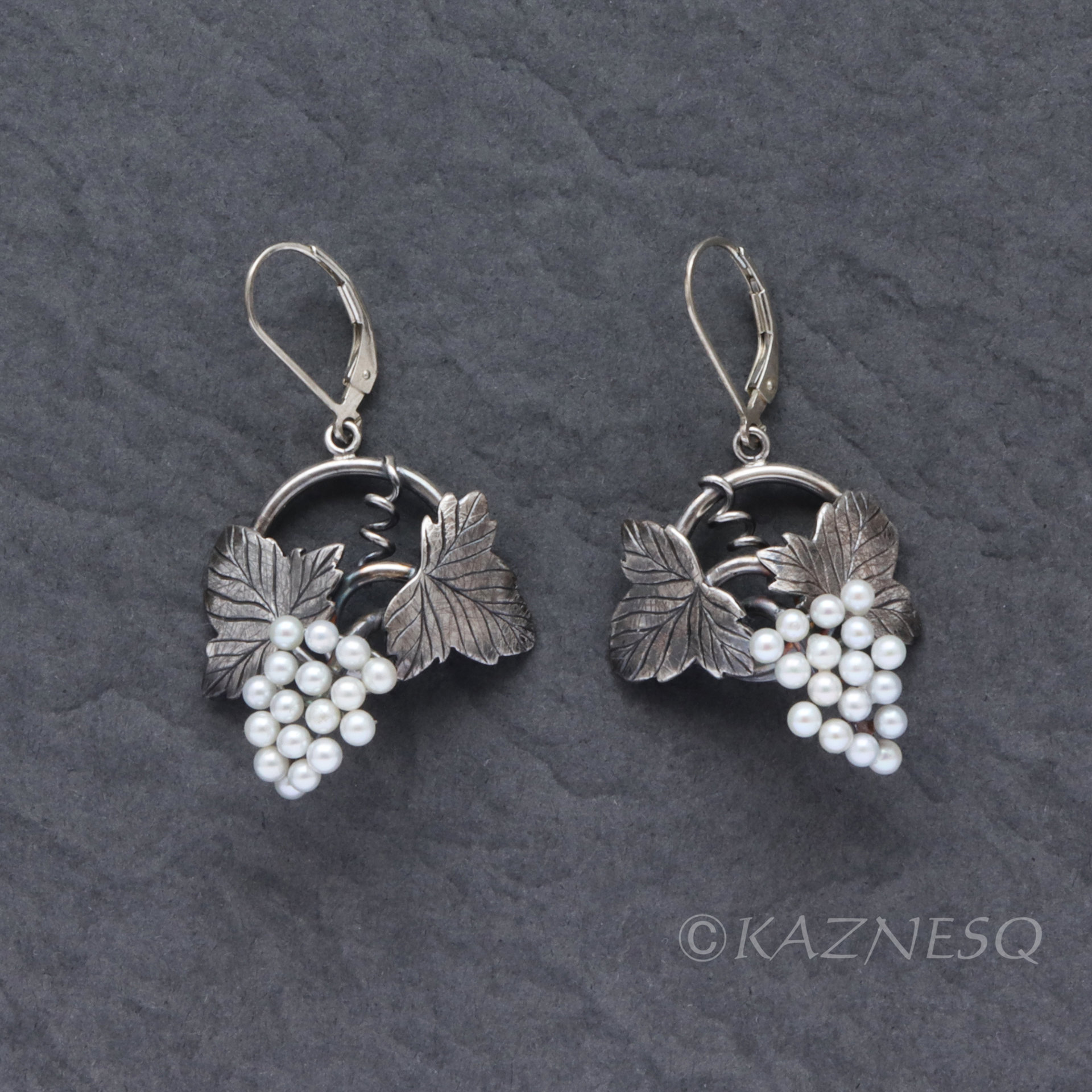 SOLD: Grape leaves and fruits oxidized silver earrings with Lever-Back Ear Wires