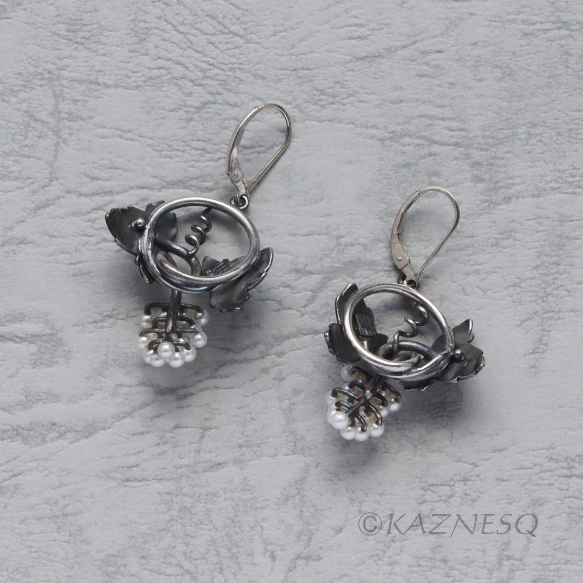 SOLD: Grape leaves and fruits oxidized silver earrings with Lever-Back Ear Wires
