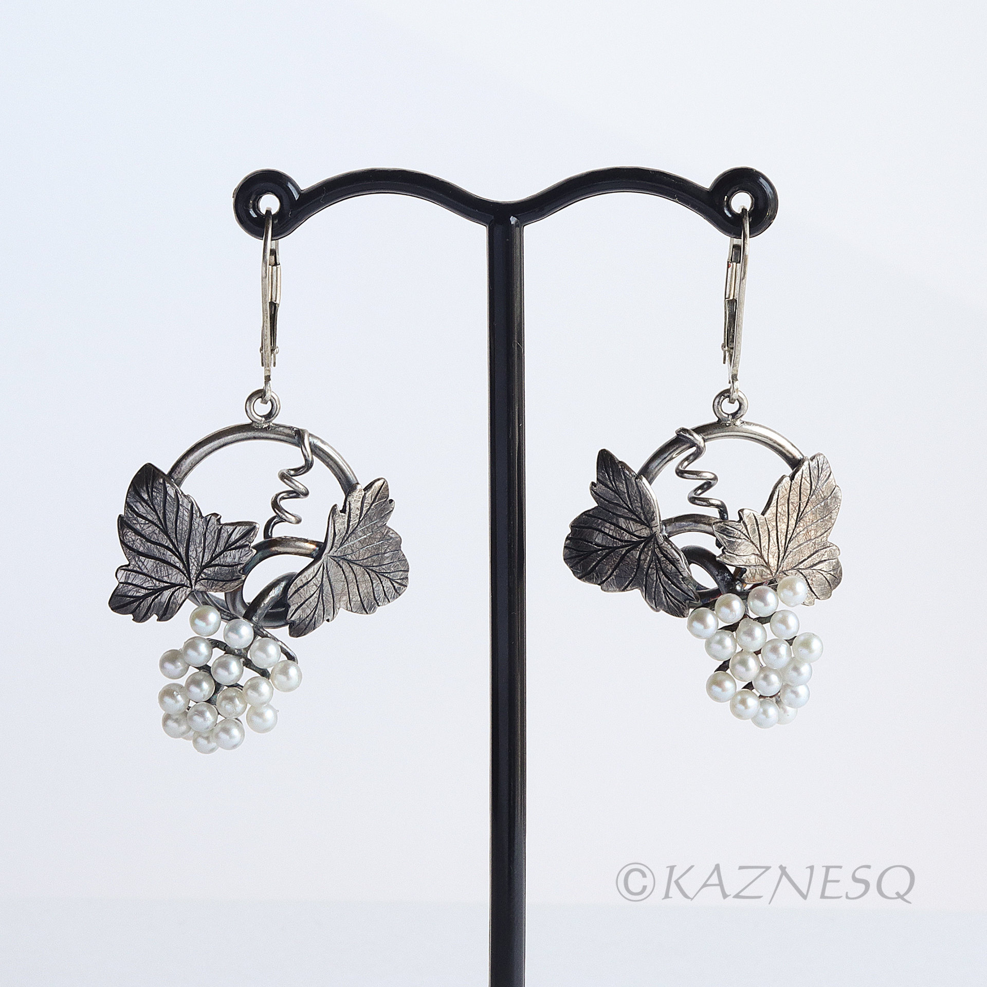 SOLD: Grape leaves and fruits oxidized silver earrings with Lever-Back Ear Wires