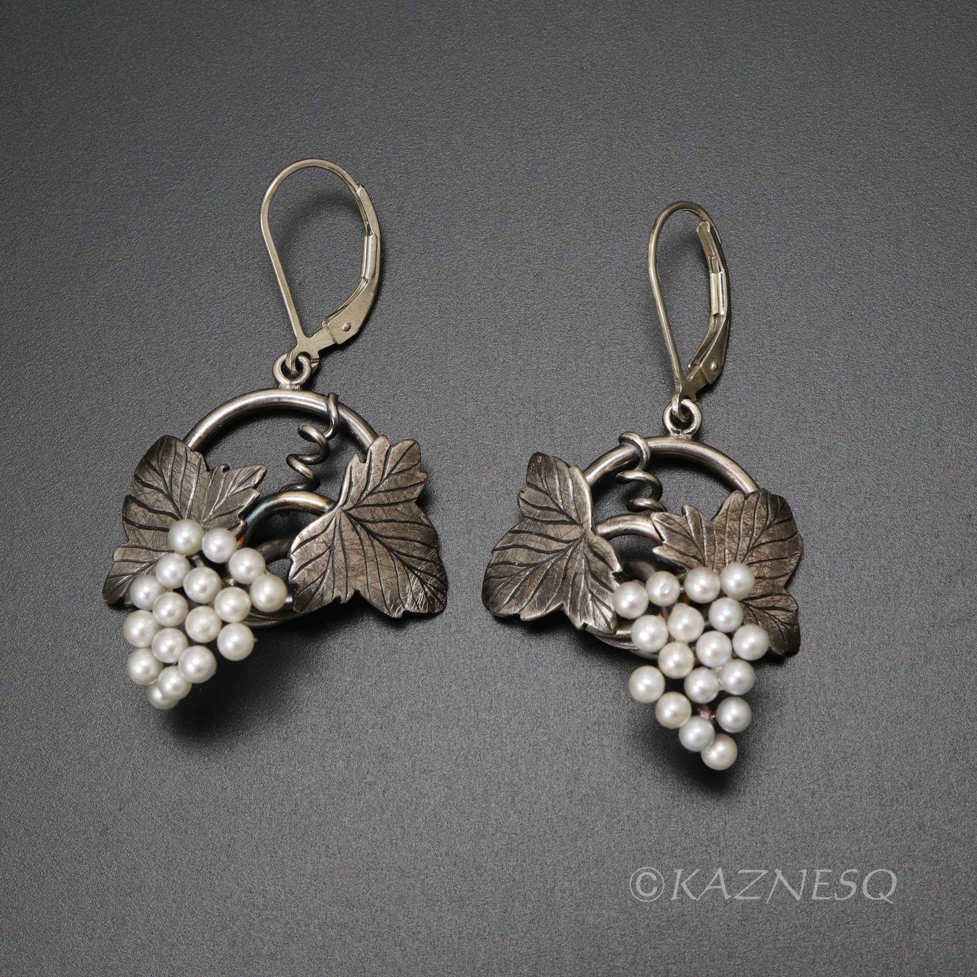 SOLD: Grape leaves and fruits oxidized silver earrings with Lever-Back Ear Wires