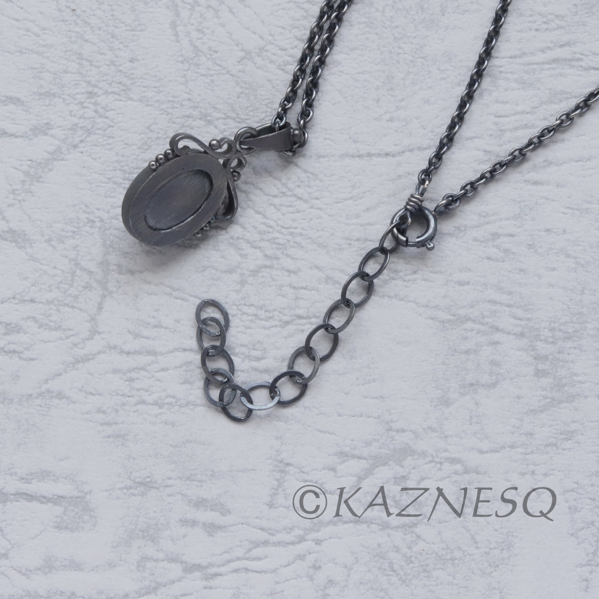 SOLD: Art Nouveau style amethyst cab oxidized silver pendant necklace with gold lining
