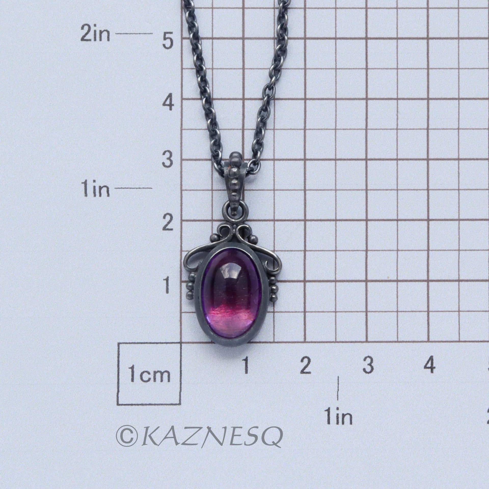 SOLD: Art Nouveau style amethyst cab oxidized silver pendant necklace with gold lining