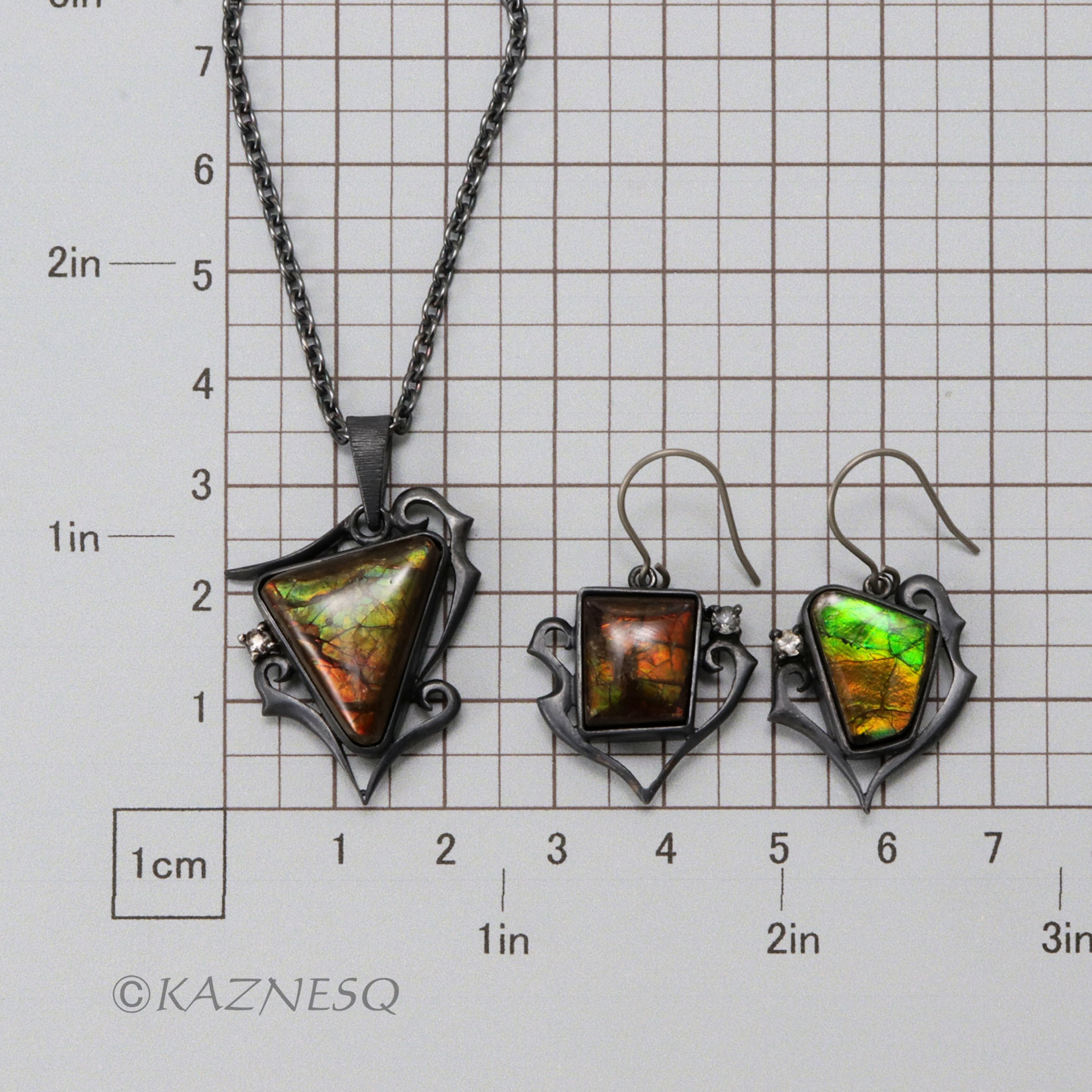 Jewelry set of a necklace and earrings, ammolite and oxidized silver