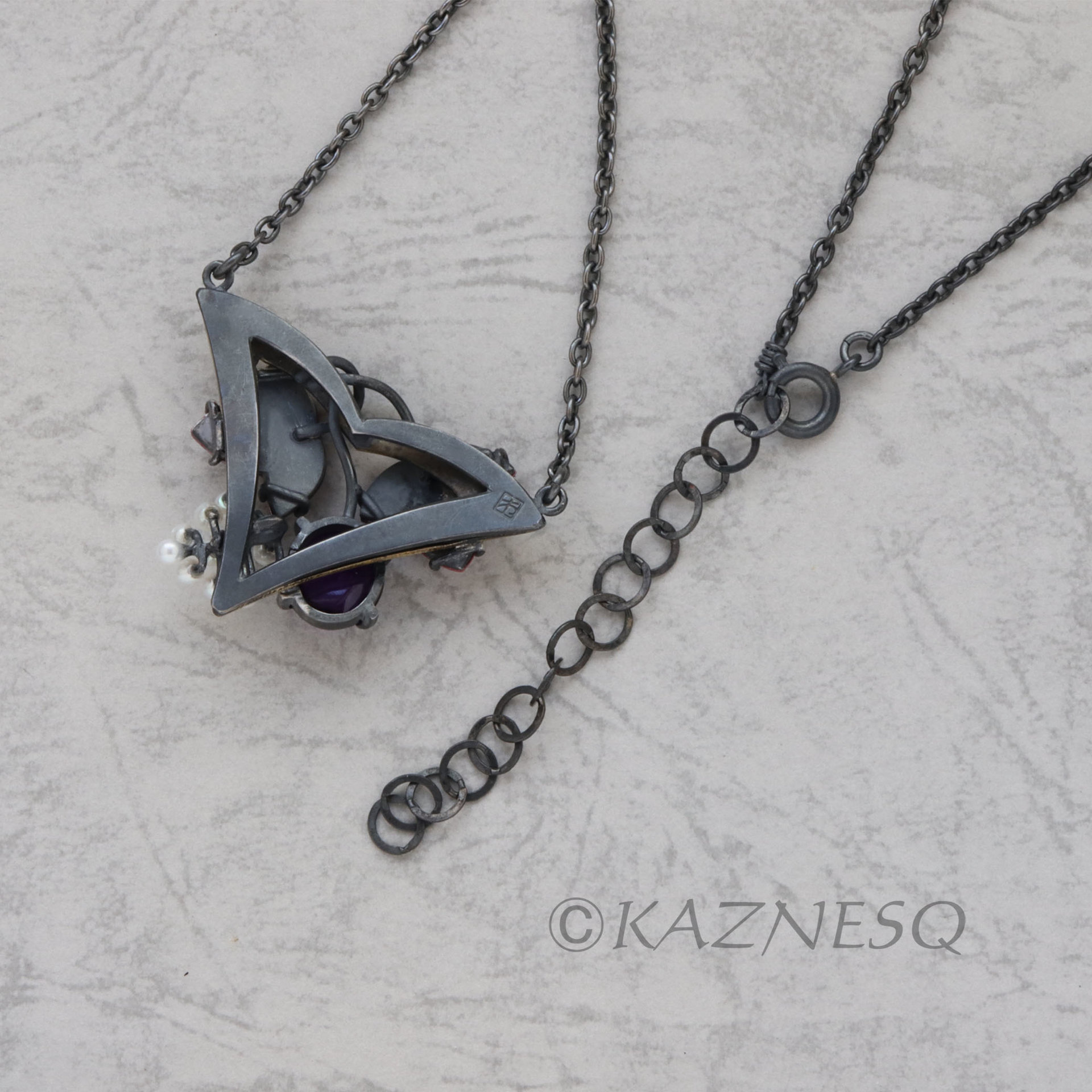 Red copper leaves and pearl grape fruits pendant necklace of amethyst brass and oxidized silver.