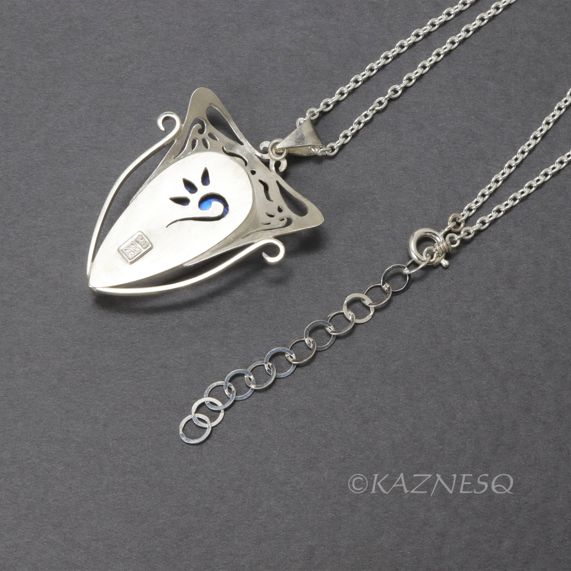 (C) KAZNESQ: Blue labradorite Art Nouveau style silver pendant necklace.