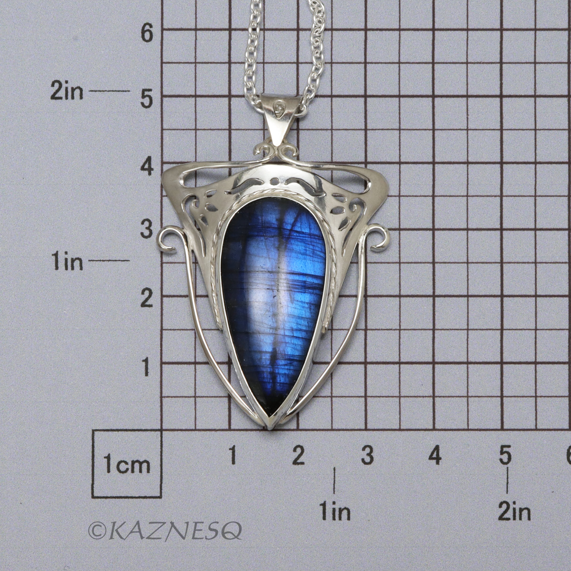 (C) KAZNESQ: Blue labradorite Art Nouveau style silver pendant necklace.