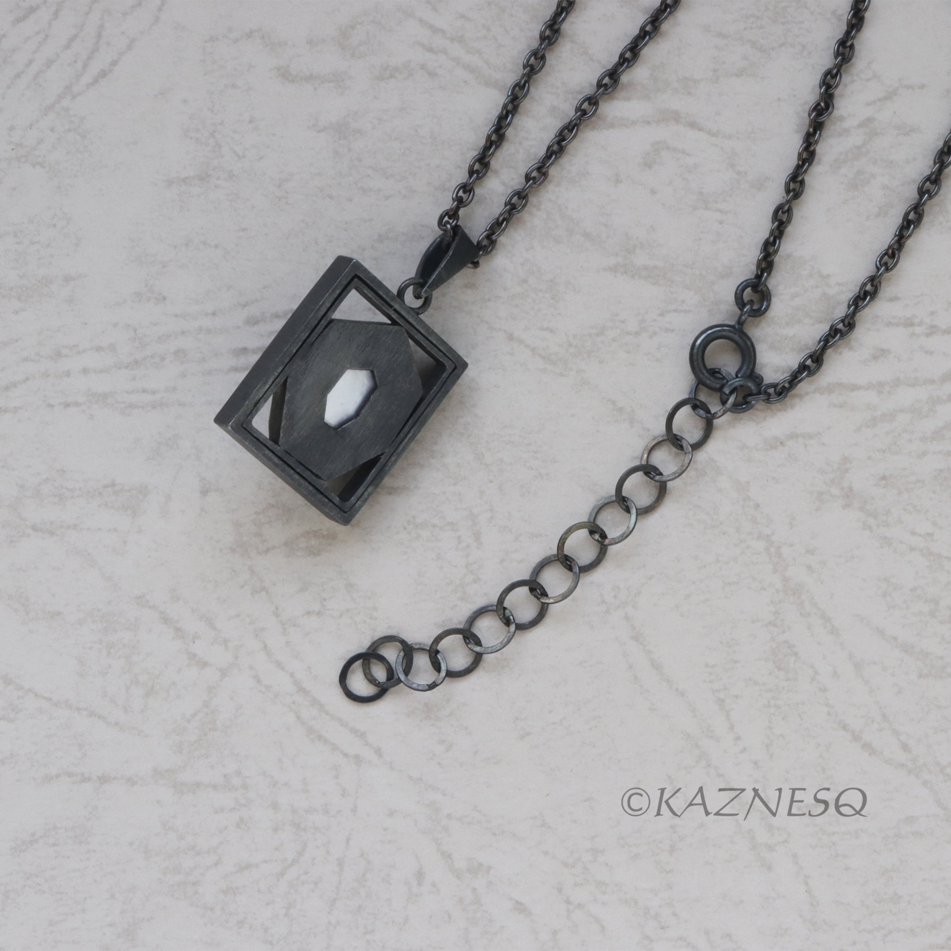 (C) KAZNESQ: Amethyst Mother of pearl oxidized silver rectangle pendant necklace