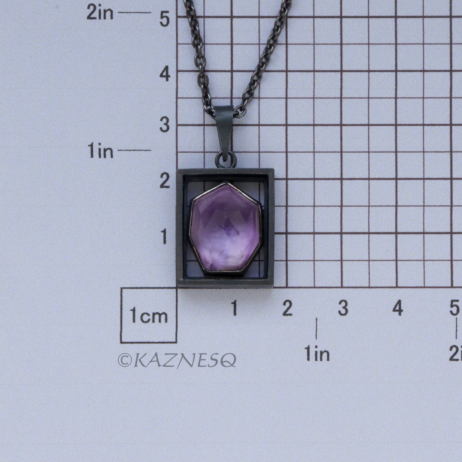 (C) KAZNESQ: Amethyst Mother of pearl oxidized silver rectangle pendant necklace