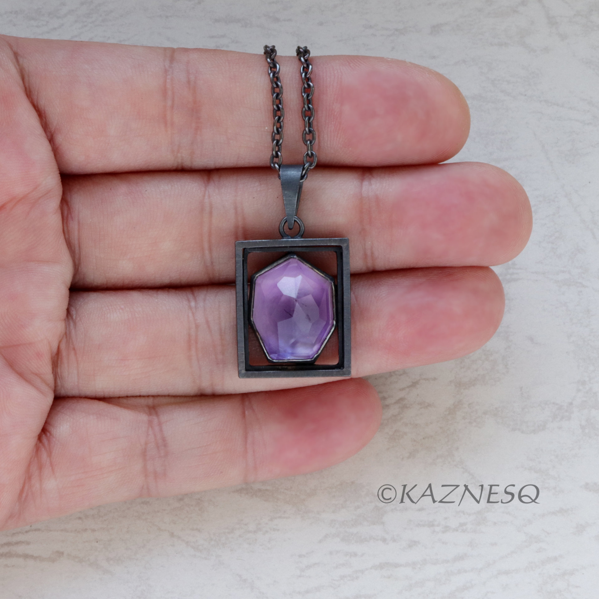 (C) KAZNESQ: Amethyst Mother of pearl oxidized silver rectangle pendant necklace